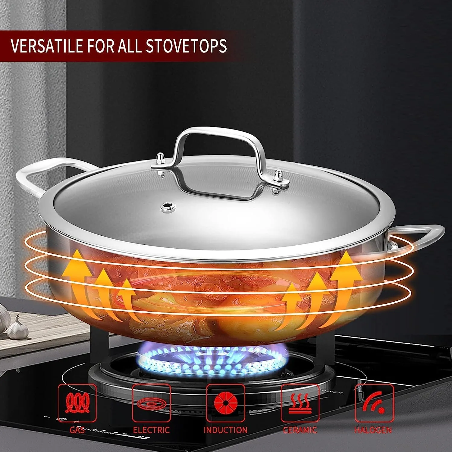 LOLYKITCH Tri-Ply Stainless Steel 10 Inch Non-Stick Deep Frying Pan with Lid,Sauté Pan,Induction Cooking Pan, Dishwasher and Oven Safe.