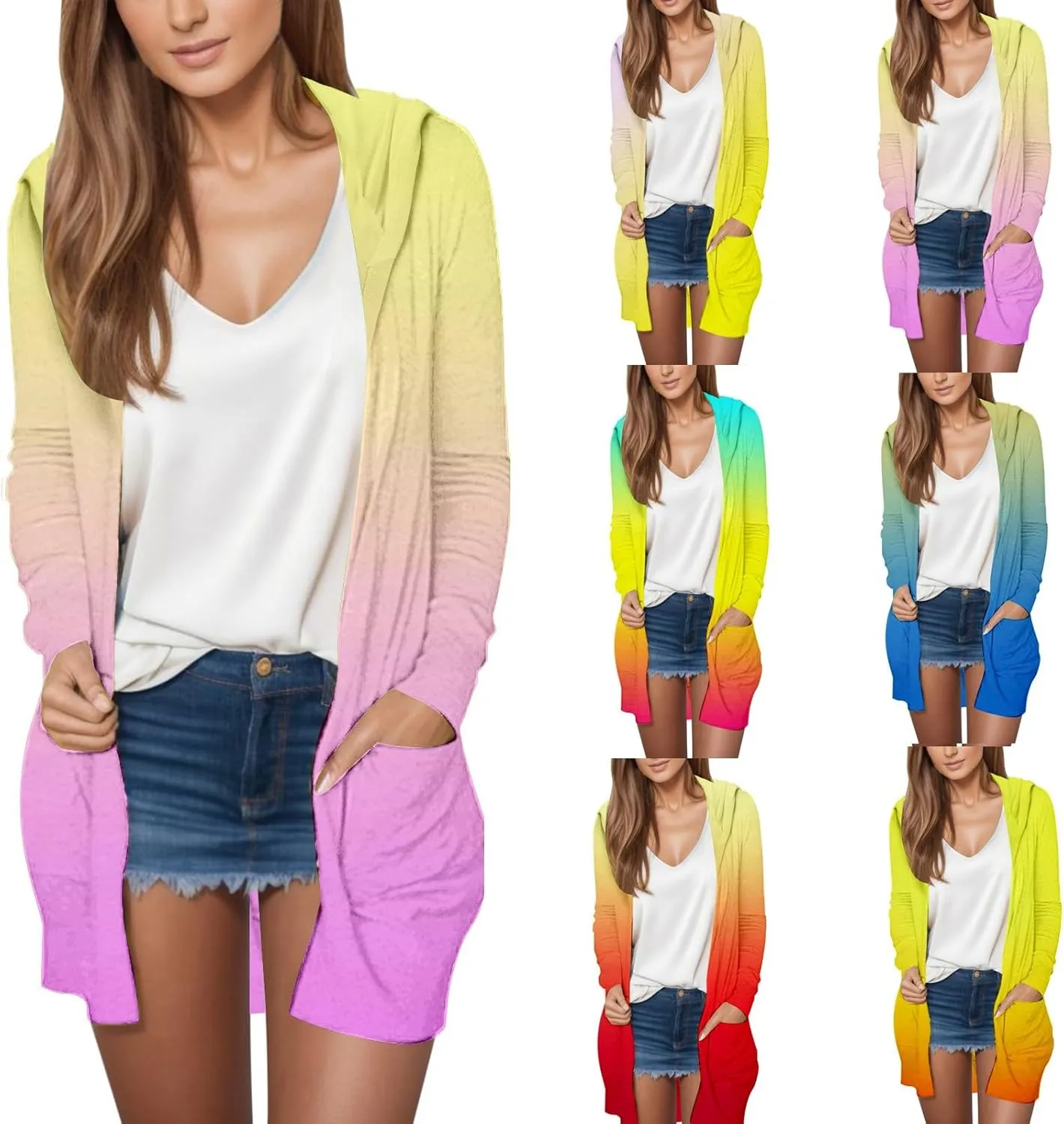 Long Cardigans Sweaters for Women, 2024 Fall Lightweight Trendy Casual Comfy, Open Front Hooded Cardigans with Pocket