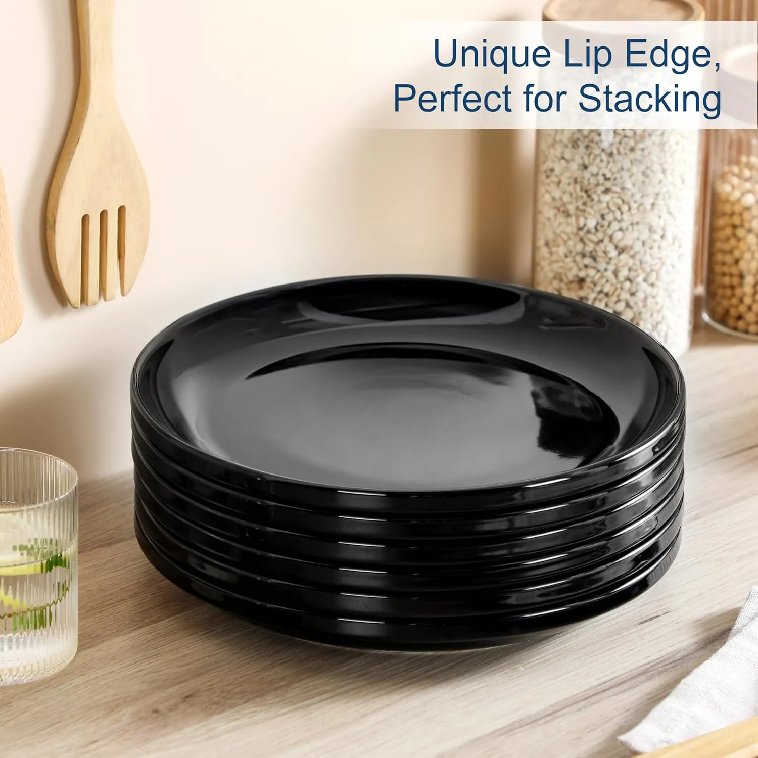 LOVECASA Black Plates Dinner Plates Set of 6, 10.5 Inch Salad Plates Set Ceramic Plates with Lipped Edges, Microwave and Dishwasher Safe