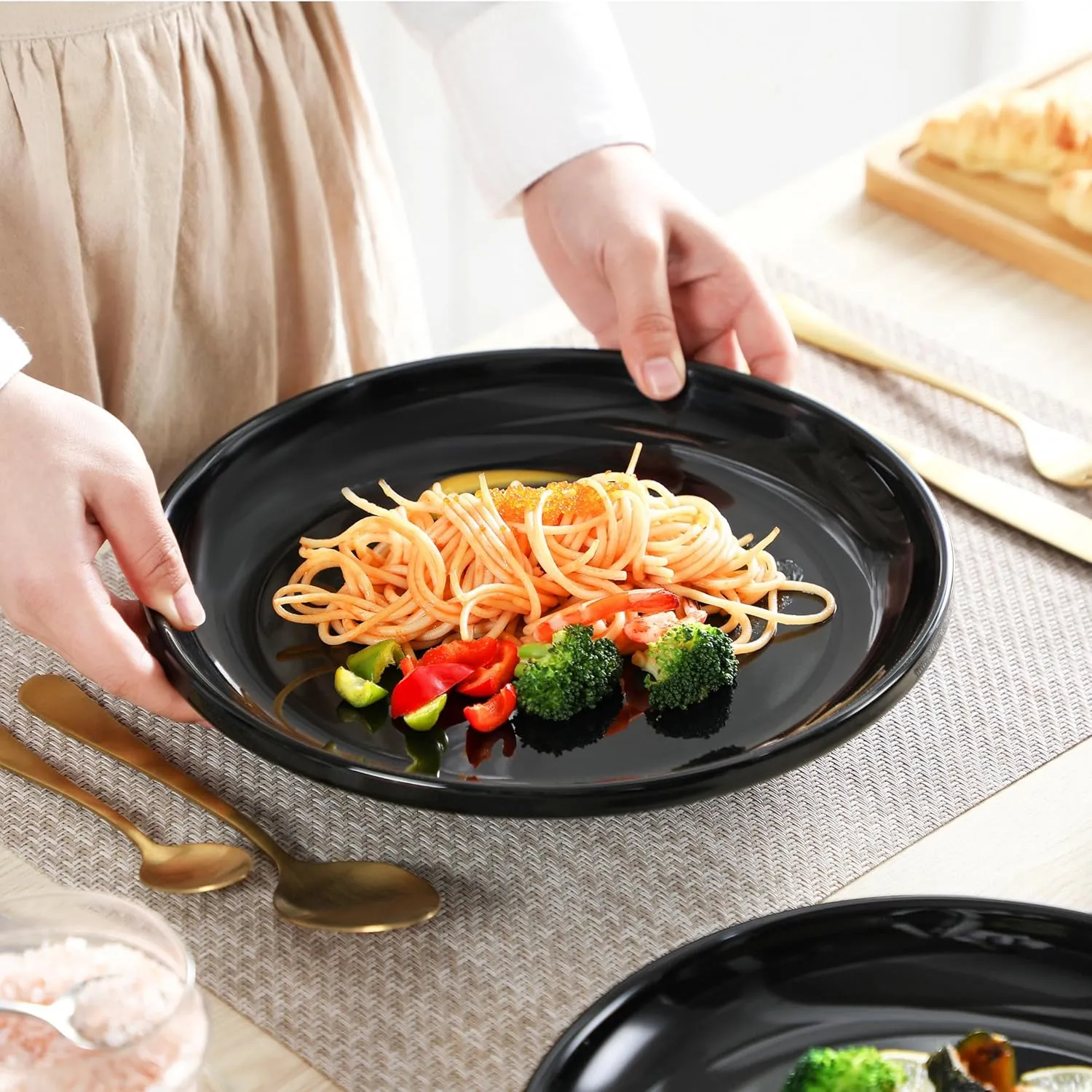 LOVECASA Black Plates Dinner Plates Set of 6, 10.5 Inch Salad Plates Set Ceramic Plates with Lipped Edges, Microwave and Dishwasher Safe