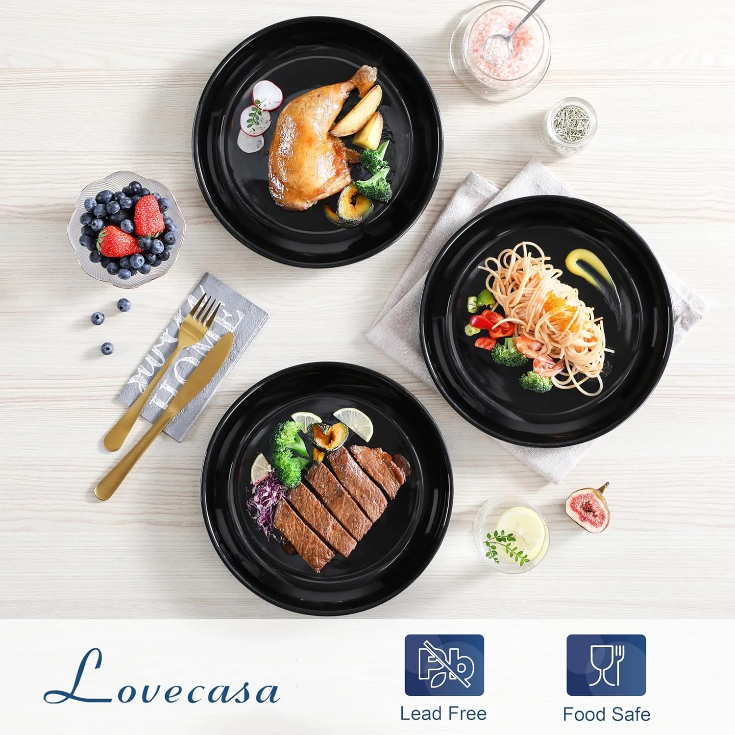 LOVECASA Black Plates Dinner Plates Set of 6, 10.5 Inch Salad Plates Set Ceramic Plates with Lipped Edges, Microwave and Dishwasher Safe