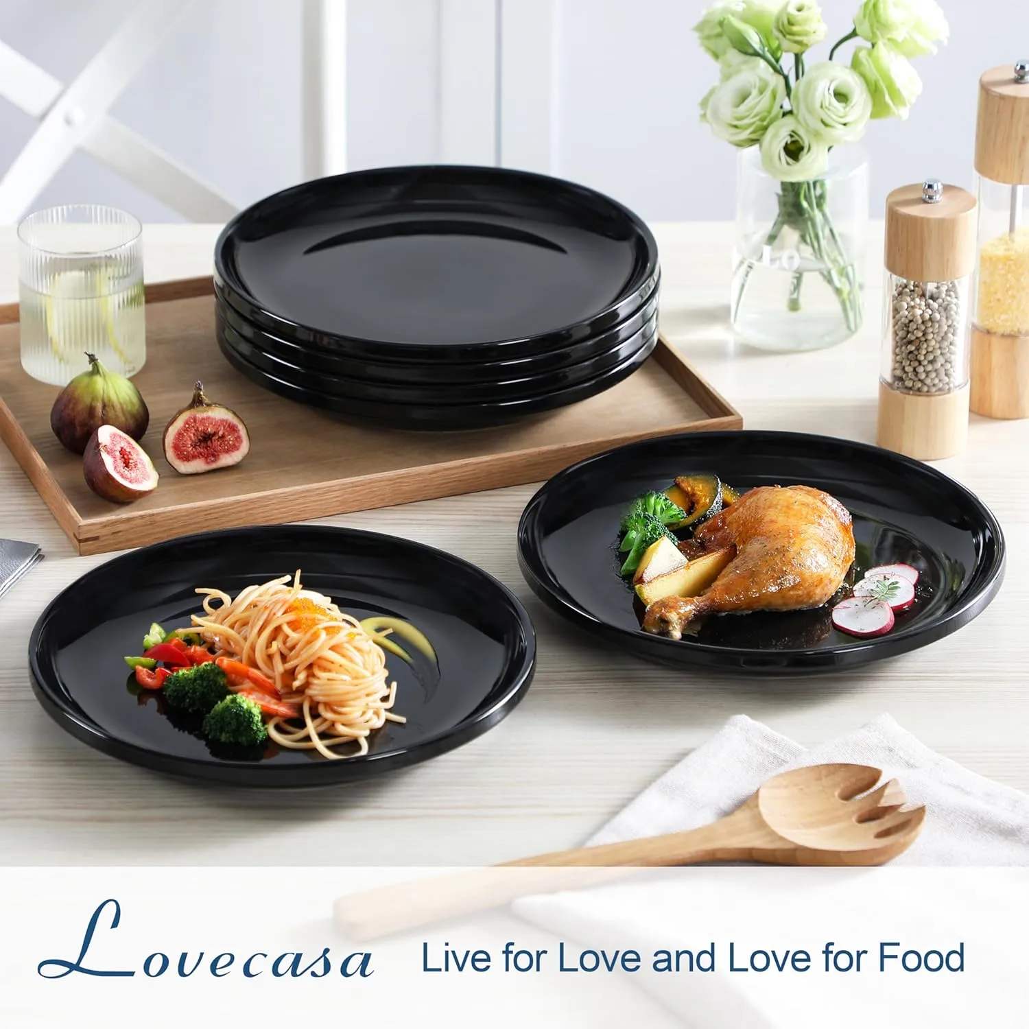 LOVECASA Black Plates Dinner Plates Set of 6, 10.5 Inch Salad Plates Set Ceramic Plates with Lipped Edges, Microwave and Dishwasher Safe