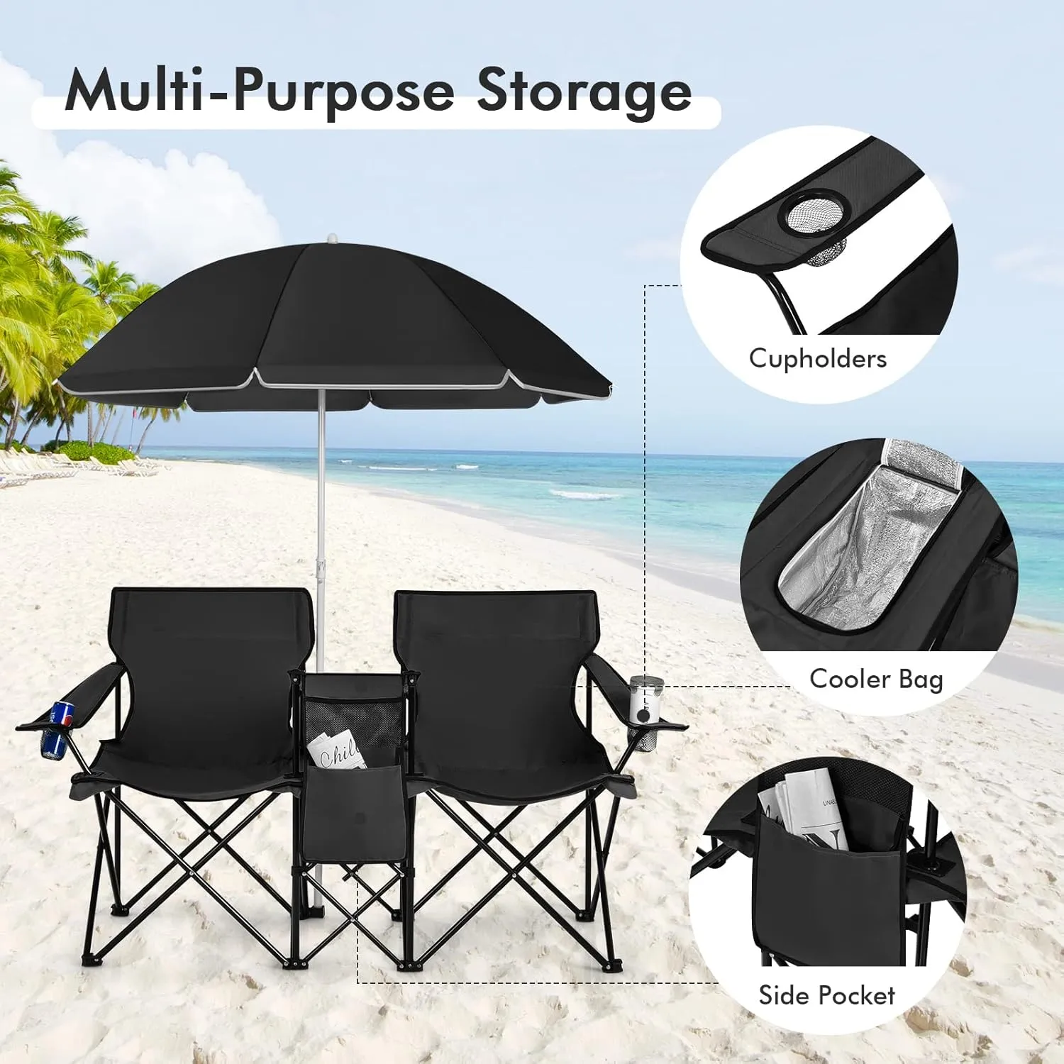 LUARANE Folding Double Camping Chair, Outdoor Picnic Chairs w/Removable Umbrella, Mini Table, Cup Holder & Carrying Bag, Portable Camping Loveseat for Patio, Pool, Lawn, Beach, Park (Black)