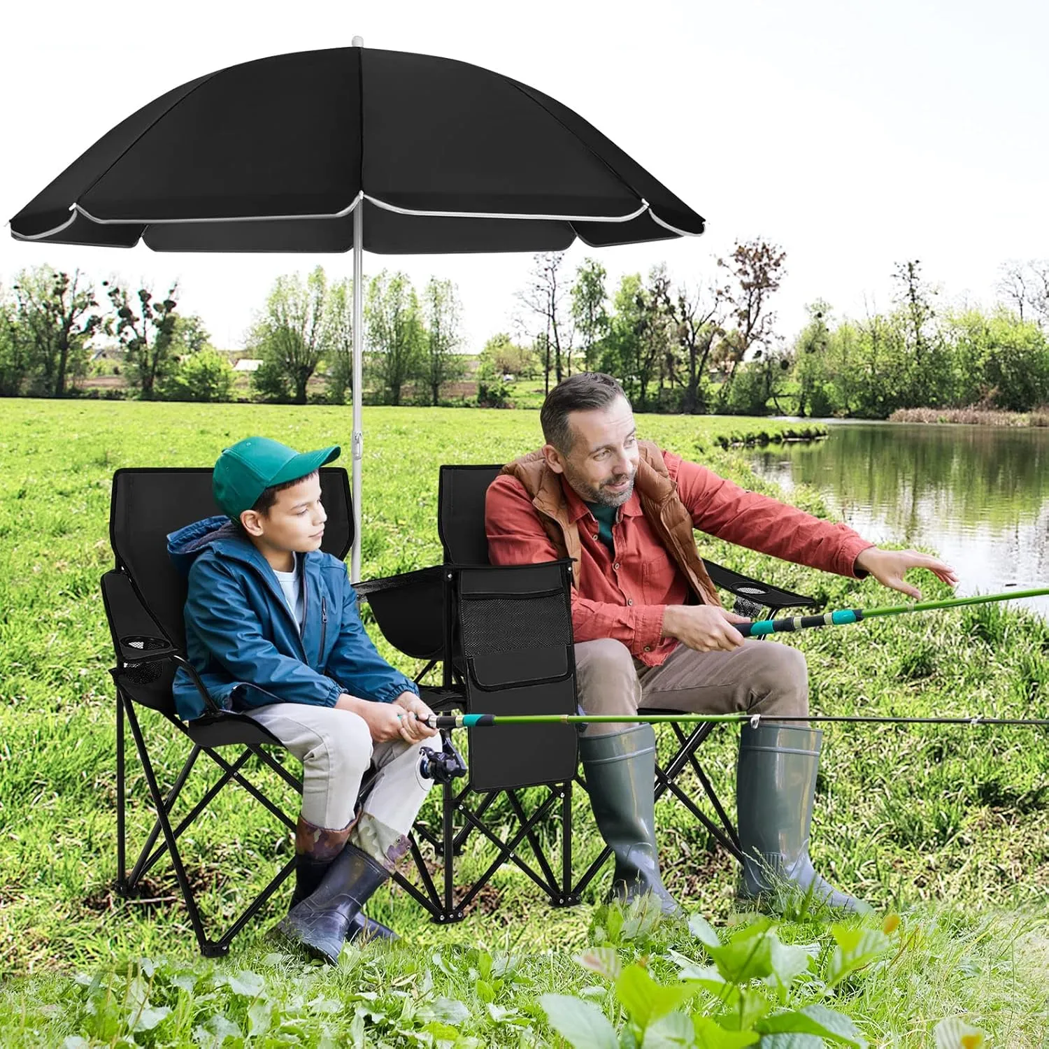 LUARANE Folding Double Camping Chair, Outdoor Picnic Chairs w/Removable Umbrella, Mini Table, Cup Holder & Carrying Bag, Portable Camping Loveseat for Patio, Pool, Lawn, Beach, Park (Black)