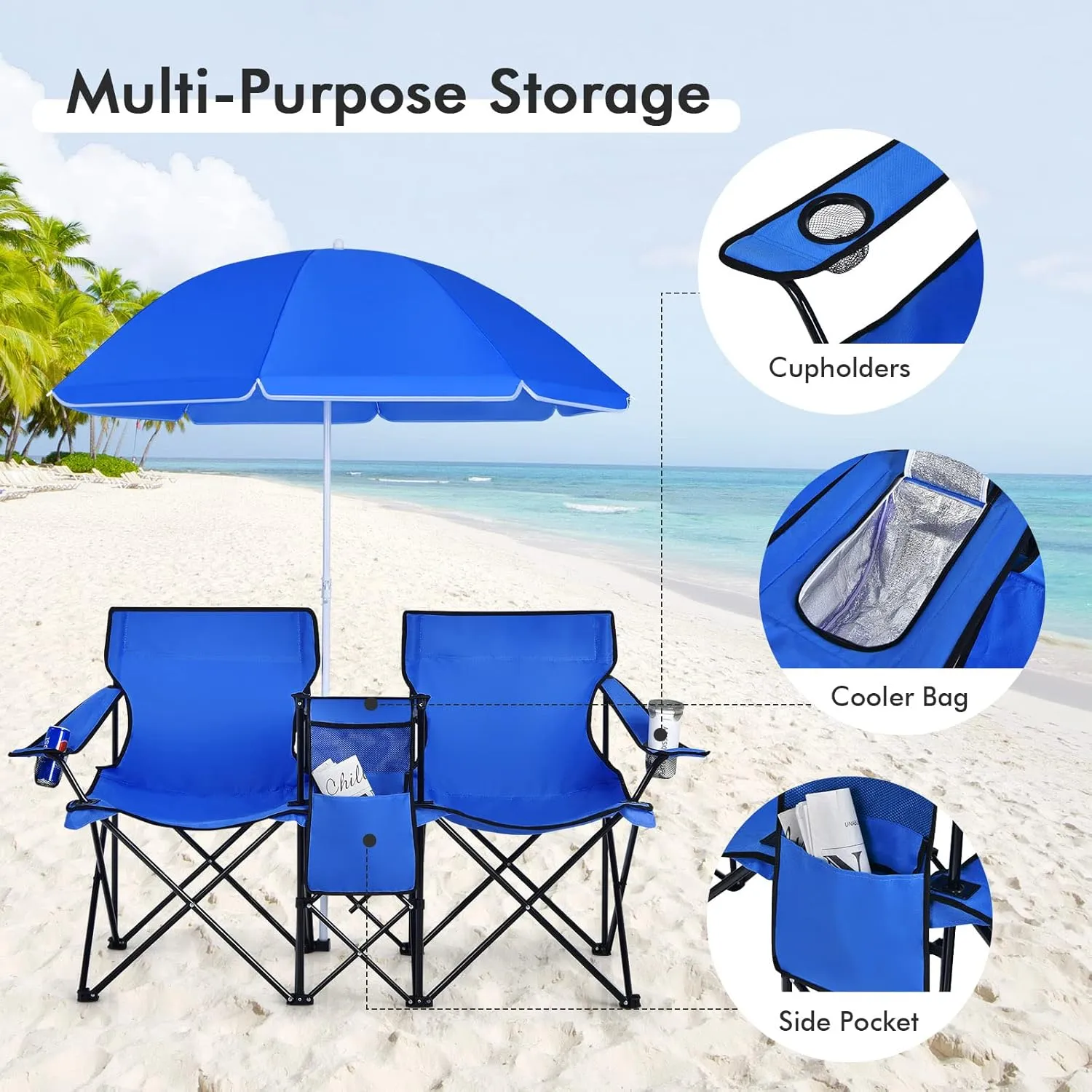 LUARANE Folding Double Camping Chair, Outdoor Picnic Chairs w/Removable Umbrella, Mini Table, Cup Holder & Carrying Bag, Portable Camping Loveseat for Patio, Pool, Lawn, Beach, Park (Blue)