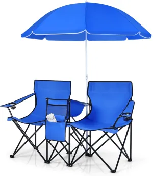 LUARANE Folding Double Camping Chair, Outdoor Picnic Chairs w/Removable Umbrella, Mini Table, Cup Holder & Carrying Bag, Portable Camping Loveseat for Patio, Pool, Lawn, Beach, Park (Blue)