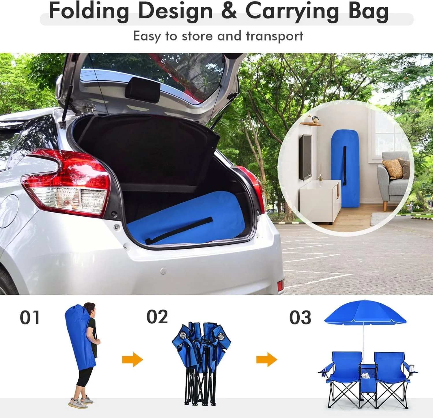 LUARANE Folding Double Camping Chair, Outdoor Picnic Chairs w/Removable Umbrella, Mini Table, Cup Holder & Carrying Bag, Portable Camping Loveseat for Patio, Pool, Lawn, Beach, Park (Blue)