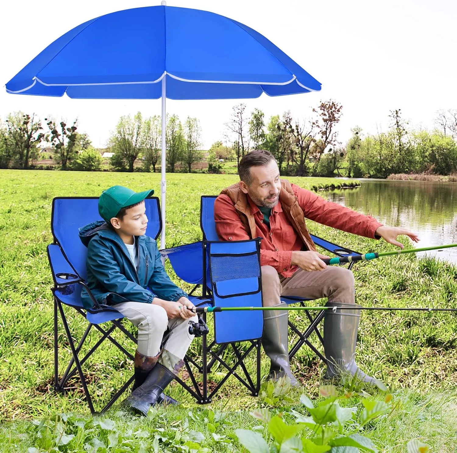 LUARANE Folding Double Camping Chair, Outdoor Picnic Chairs w/Removable Umbrella, Mini Table, Cup Holder & Carrying Bag, Portable Camping Loveseat for Patio, Pool, Lawn, Beach, Park (Blue)