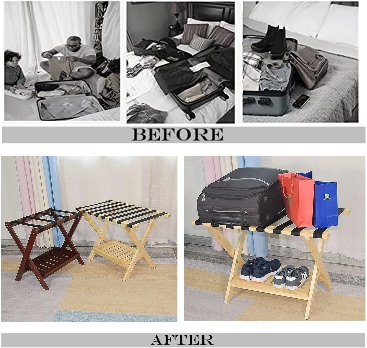 Luggage Rack for Guest Room - Suitcase Stand, Solid Wood Travel Bag Storage Rack, Hotel Home Luggage Rack/Shoe Rack, Foldable Hanger in Guest Room, Multi-Functional Portable Luggage Rack