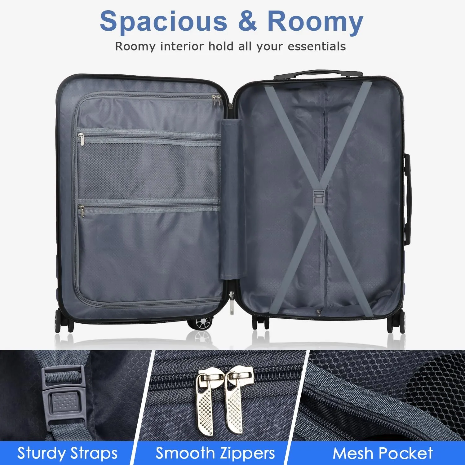 Luggage Sets Hardside Lightweight Suitcase with Spinner Wheels TSA Lock, 3-Piece Set (20/24/28), Blue