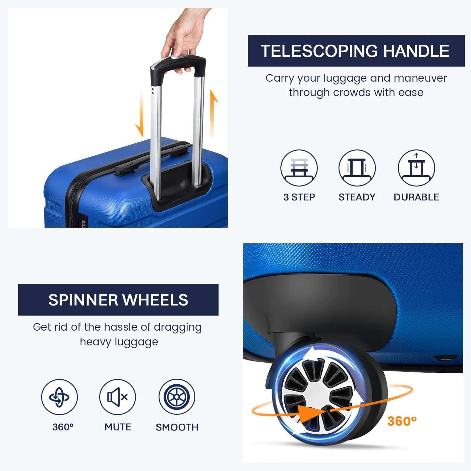 Luggage Sets Hardside Lightweight Suitcase with Spinner Wheels TSA Lock, 3-Piece Set (20/24/28), Blue