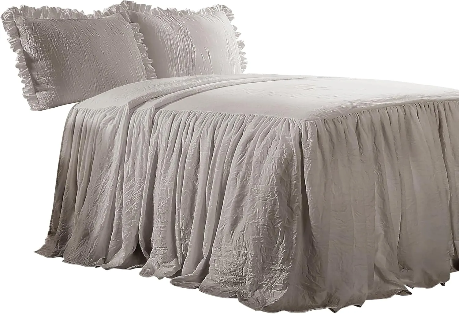 Lush Decor Ruffle Skirt Bedspread Set - 3 Piece Luxurious Farmhouse Bedding Set - Elegant, Charming Ruffle Detail - Timeless Style & Classic Design - Soft and Lightweight - King, Gray
