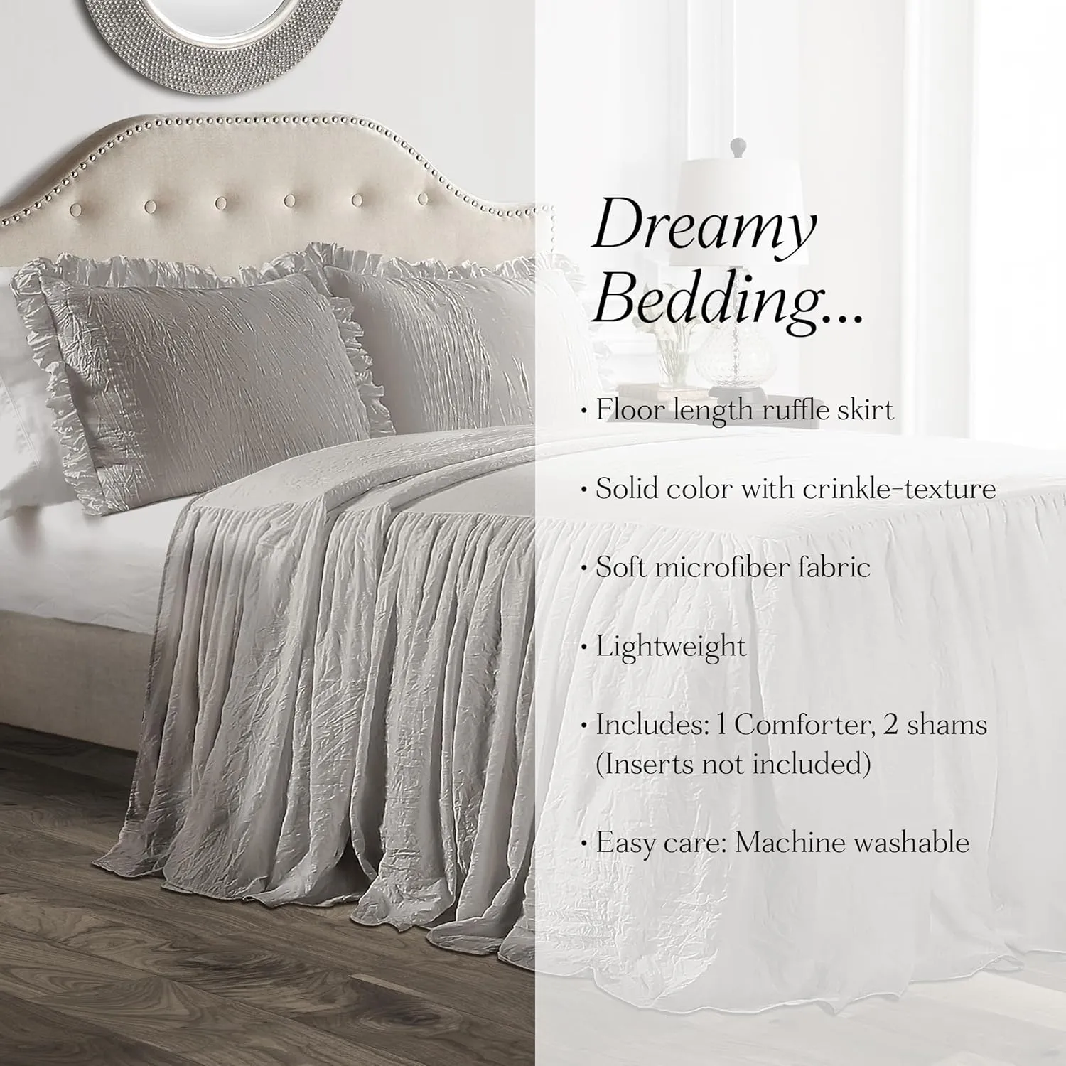 Lush Decor Ruffle Skirt Bedspread Set - 3 Piece Luxurious Farmhouse Bedding Set - Elegant, Charming Ruffle Detail - Timeless Style & Classic Design - Soft and Lightweight - King, Gray