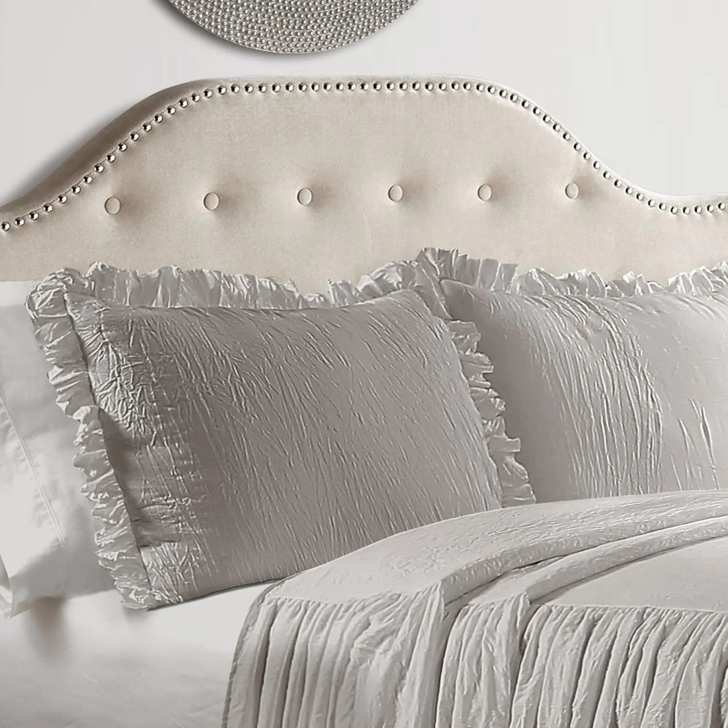 Lush Decor Ruffle Skirt Bedspread Set - 3 Piece Luxurious Farmhouse Bedding Set - Elegant, Charming Ruffle Detail - Timeless Style & Classic Design - Soft and Lightweight - King, Gray
