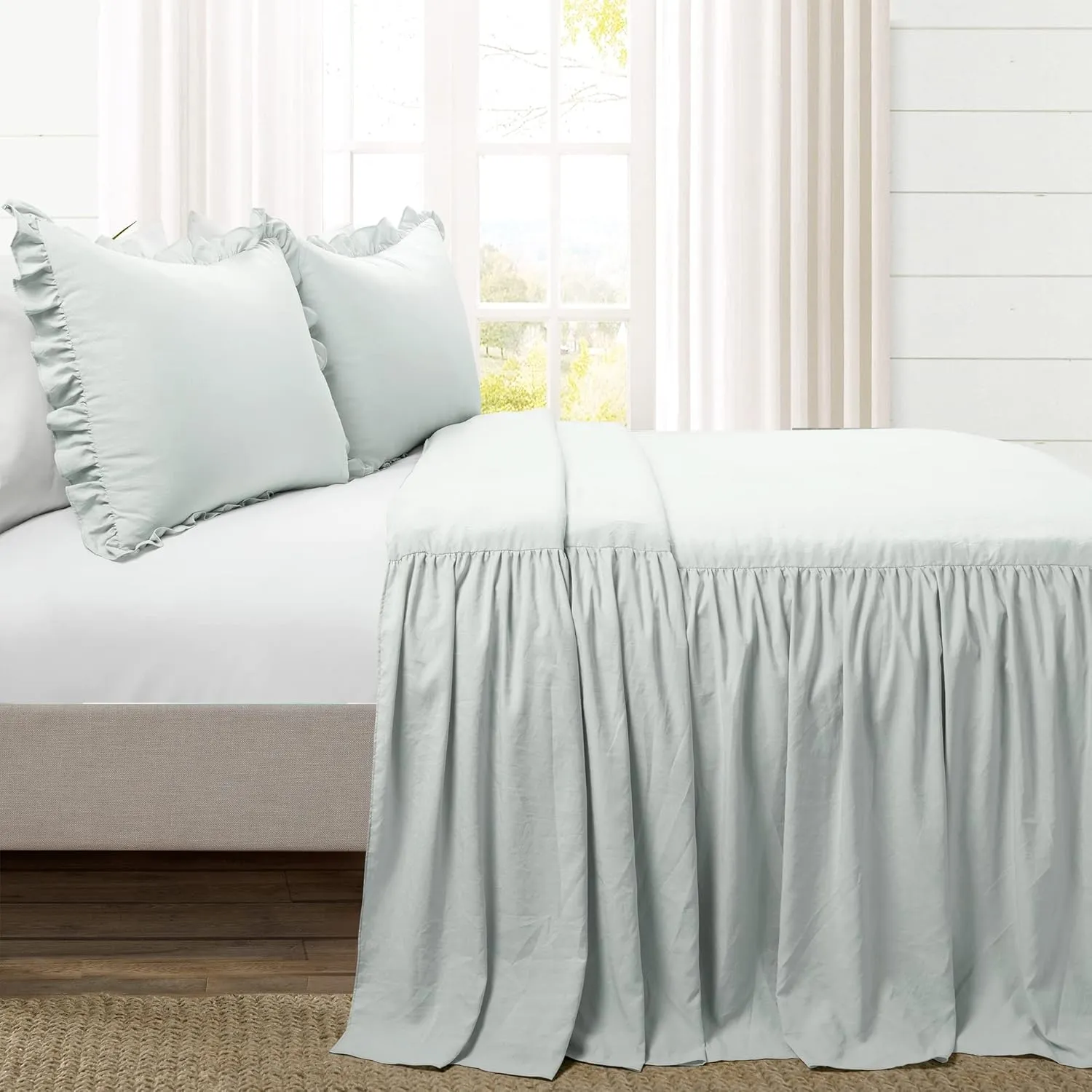 Lush Decor Ruffle Skirt Bedspread Set - 3 Piece Luxurious Farmhouse Bedding Set - Elegant, Charming Ruffle Detail - Timeless Style & Classic Design - Soft and Lightweight - Queen, Sea Salt