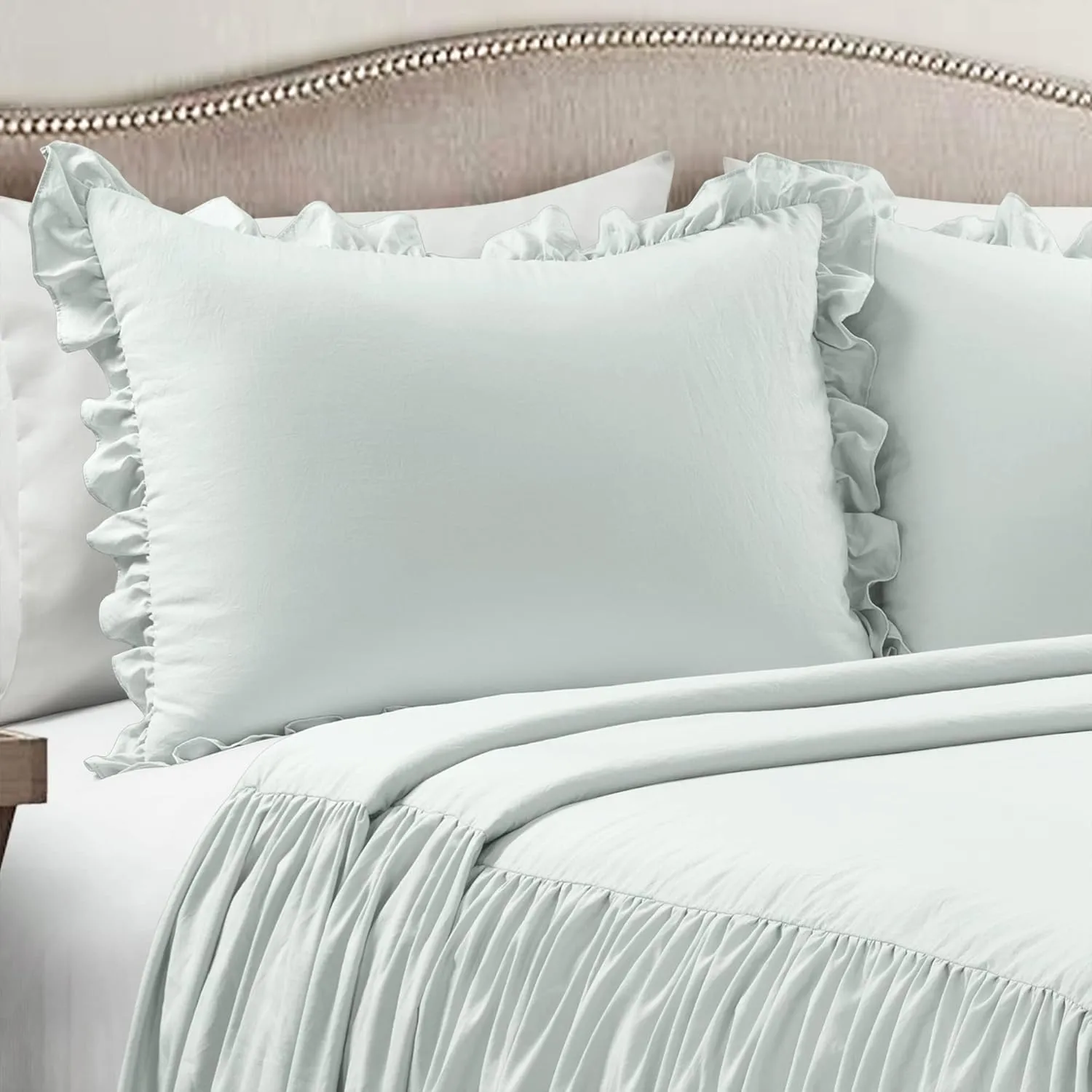 Lush Decor Ruffle Skirt Bedspread Set - 3 Piece Luxurious Farmhouse Bedding Set - Elegant, Charming Ruffle Detail - Timeless Style & Classic Design - Soft and Lightweight - Queen, Sea Salt
