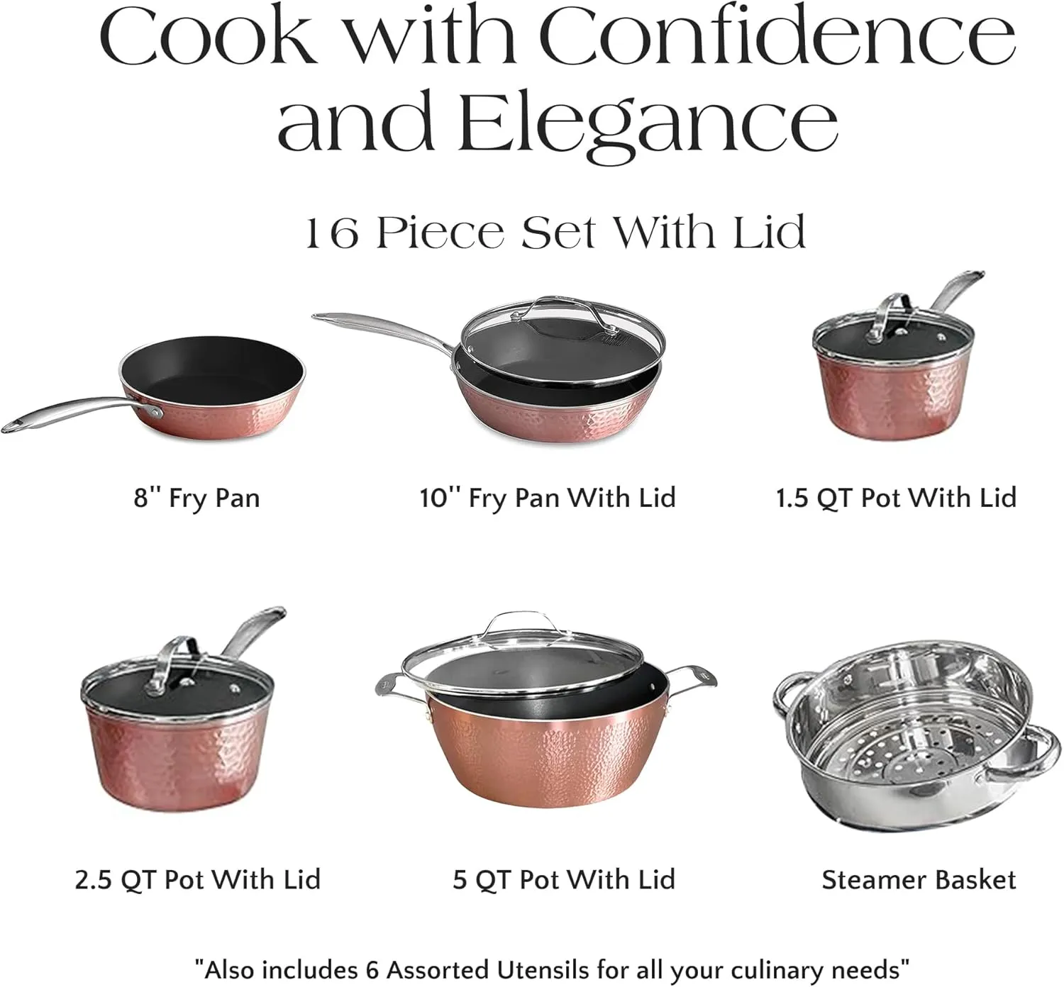 Luxurious Non-Stick Ceramic 16 Piece Rose Gold Cookware Set with Glass Lids,Lightweight, Scratch-Resistant, Dishwasher Safe, Oven Safe up to 500°F, Suitable for All Stove Types