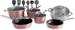 Luxurious Non-Stick Ceramic 16 Piece Rose Gold Cookware Set with Glass Lids,Lightweight, Scratch-Resistant, Dishwasher Safe, Oven Safe up to 500°F, Suitable for All Stove Types