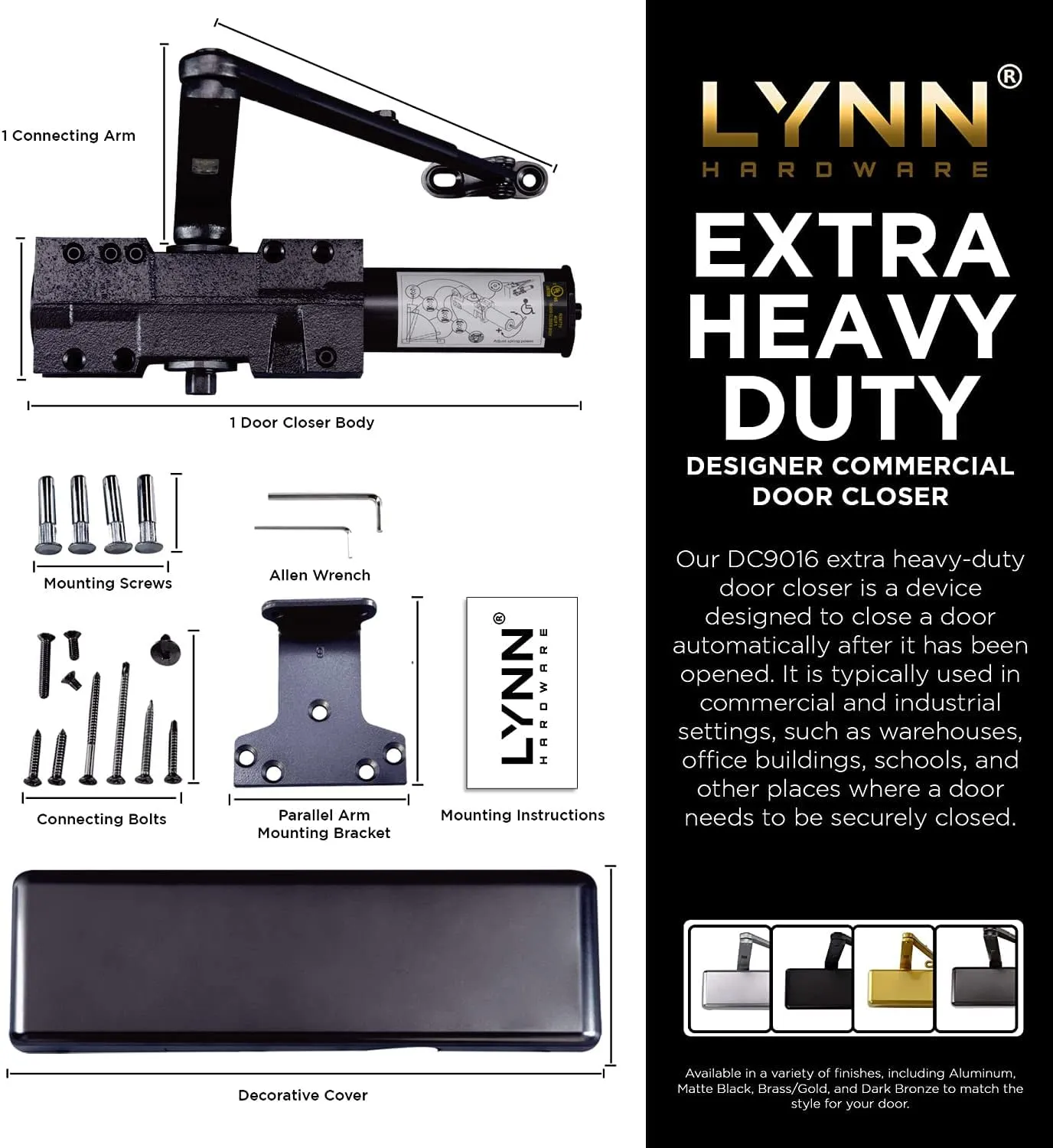 LYNN HARDWARE Extra Heavy Duty Commercial Door Closer, DC9016 Automatic Door Closer, Surface-Mounted Auto Door Closer, Size 1-6 Commercial Door Closer Heavy Duty for Heavy Traffic Areas, Dark Bronze