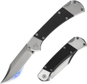 MACADAM 440C Stainless Steel Folding Knife, 3.5" Blade, Black G-10 & Stainless Steel Handles, with Leather Sheath