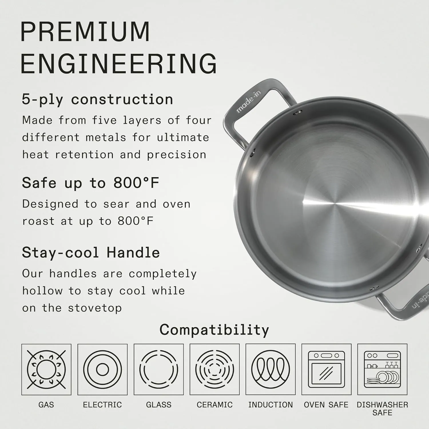 Made In Cookware - 8 Quart Stainless Steel Stock Pot With Lid - 5 Ply Stainless Clad - Professional Cookware - Crafted in Italy - Induction Compatible