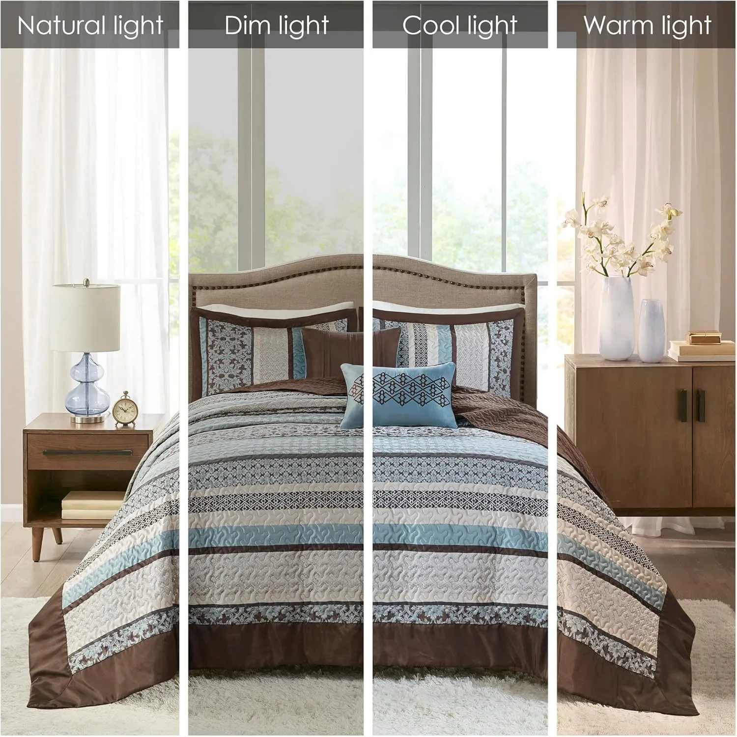 Madison Park Princeton Reversible Quilted Bedspread Set, Solid Reverse Summer Breathable, Lightweight All Season Bedding Layer, Matching Shams, Bedspread King(120"x118"), Blue 5 Piece