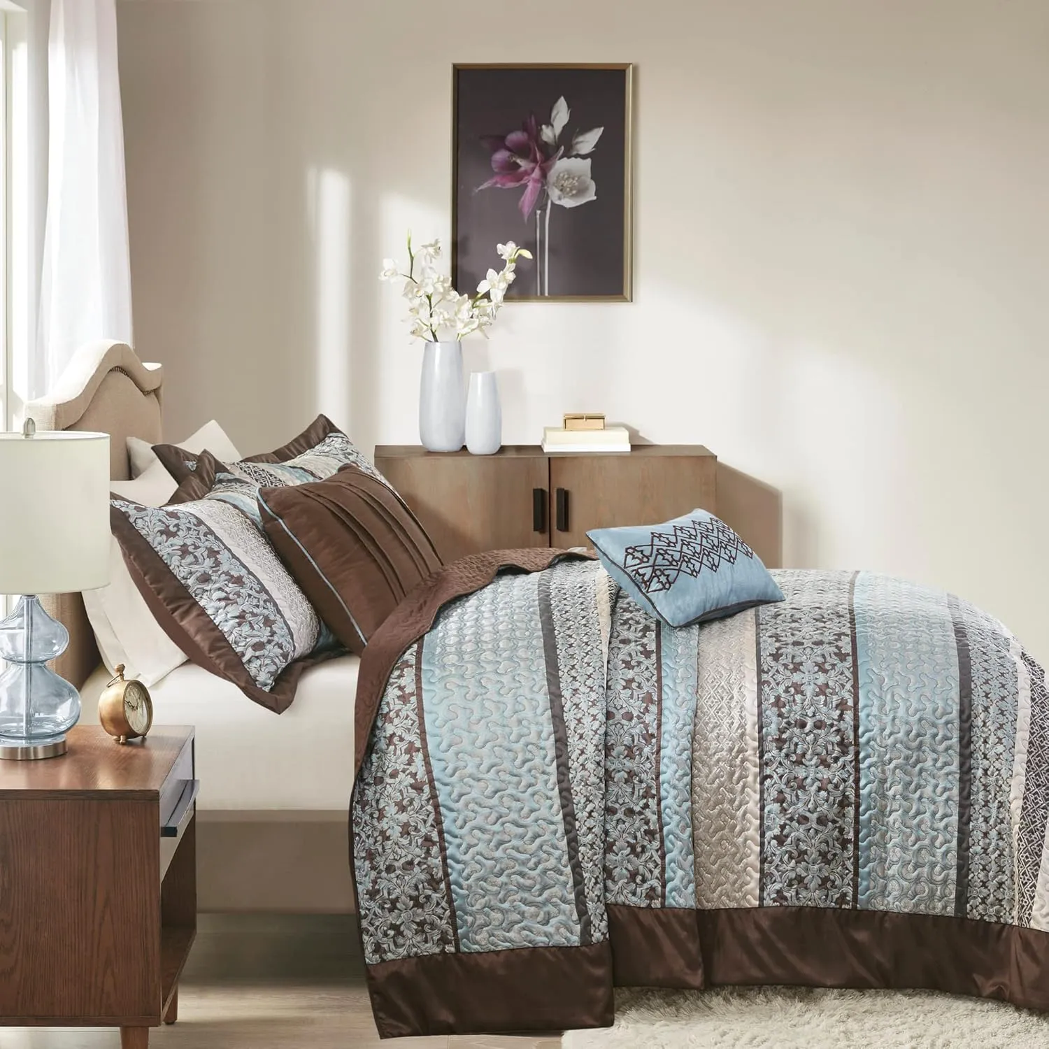 Madison Park Princeton Reversible Quilted Bedspread Set, Solid Reverse Summer Breathable, Lightweight All Season Bedding Layer, Matching Shams, Bedspread King(120"x118"), Blue 5 Piece