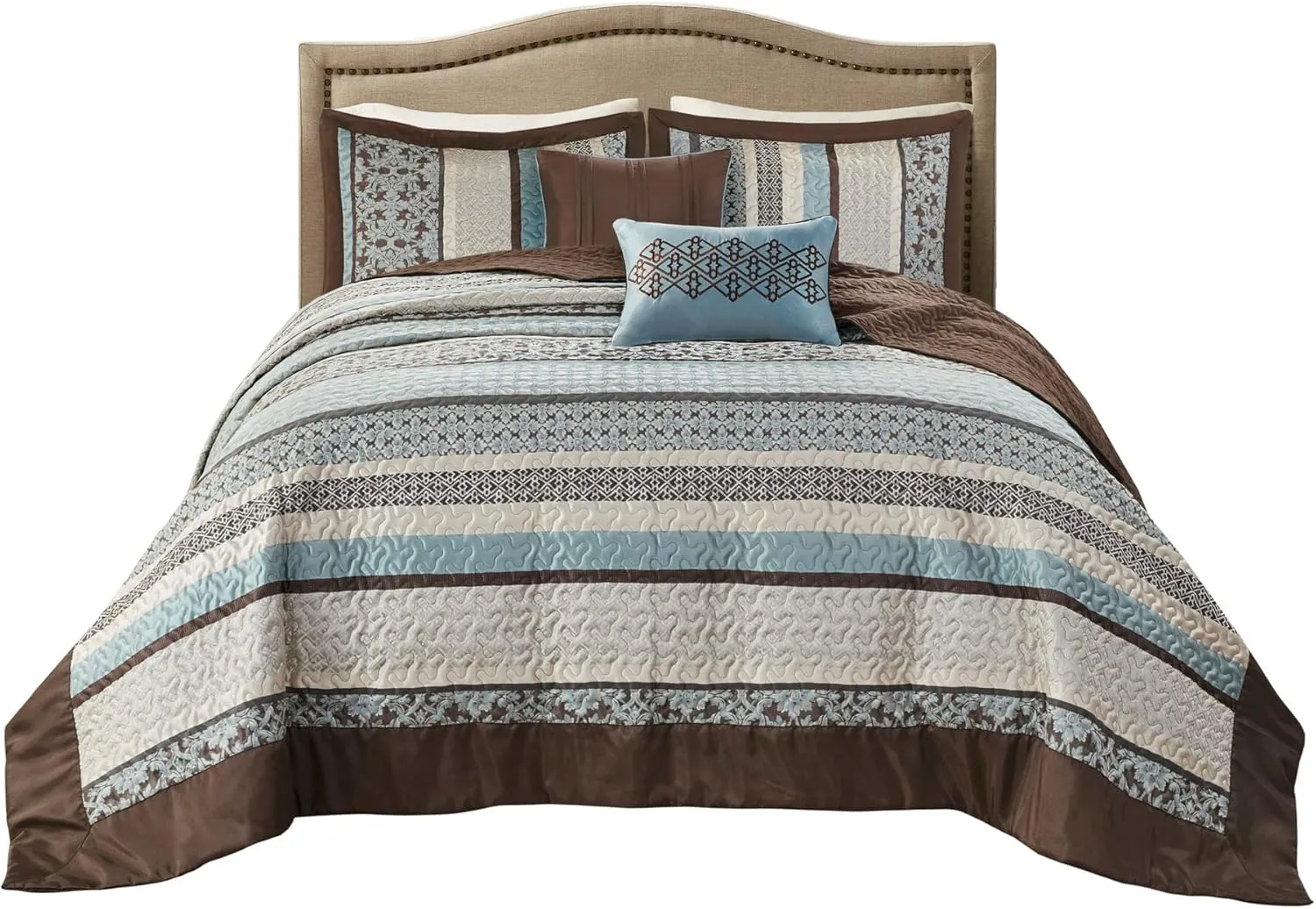 Madison Park Princeton Reversible Quilted Bedspread Set, Solid Reverse Summer Breathable, Lightweight All Season Bedding Layer, Matching Shams, Bedspread King(120"x118"), Blue 5 Piece