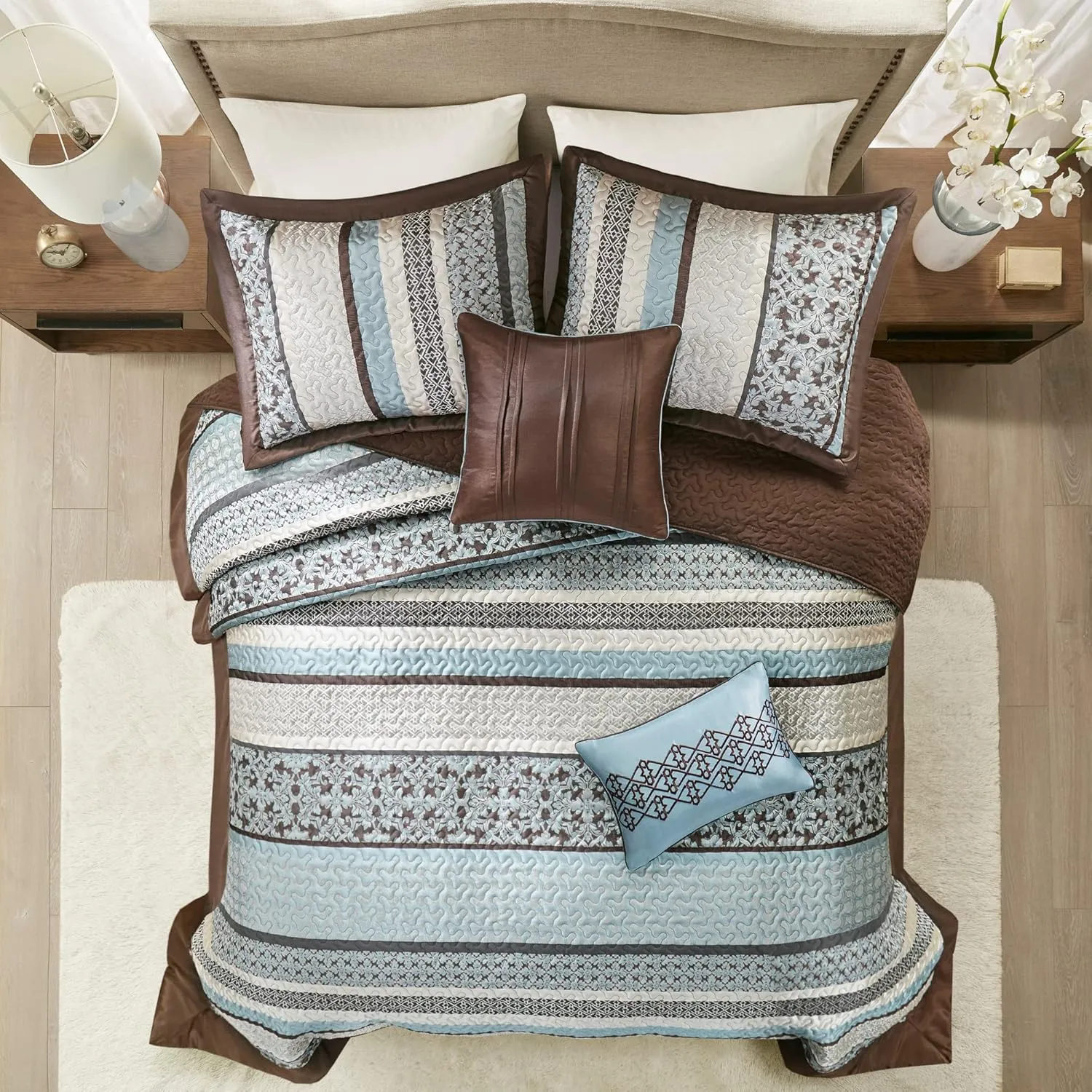 Madison Park Princeton Reversible Quilted Bedspread Set, Solid Reverse Summer Breathable, Lightweight All Season Bedding Layer, Matching Shams, Bedspread King(120"x118"), Blue 5 Piece