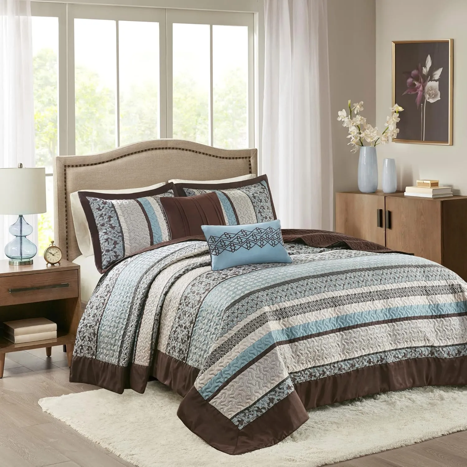 Madison Park Princeton Reversible Quilted Bedspread Set, Solid Reverse Summer Breathable, Lightweight All Season Bedding Layer, Matching Shams, Bedspread King(120"x118"), Blue 5 Piece