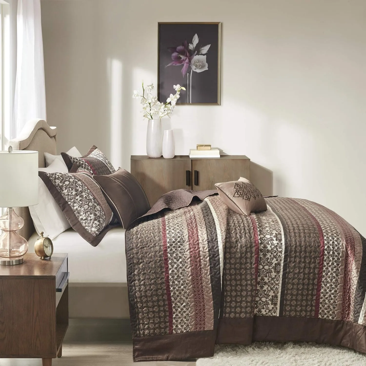 Madison Park Princeton Reversible Quilted Bedspread Set, Solid Reverse Summer Breathable, Lightweight All Season Bedding Layer, Matching Shams, Bedspread King(120"x118"), Red 5 Piece