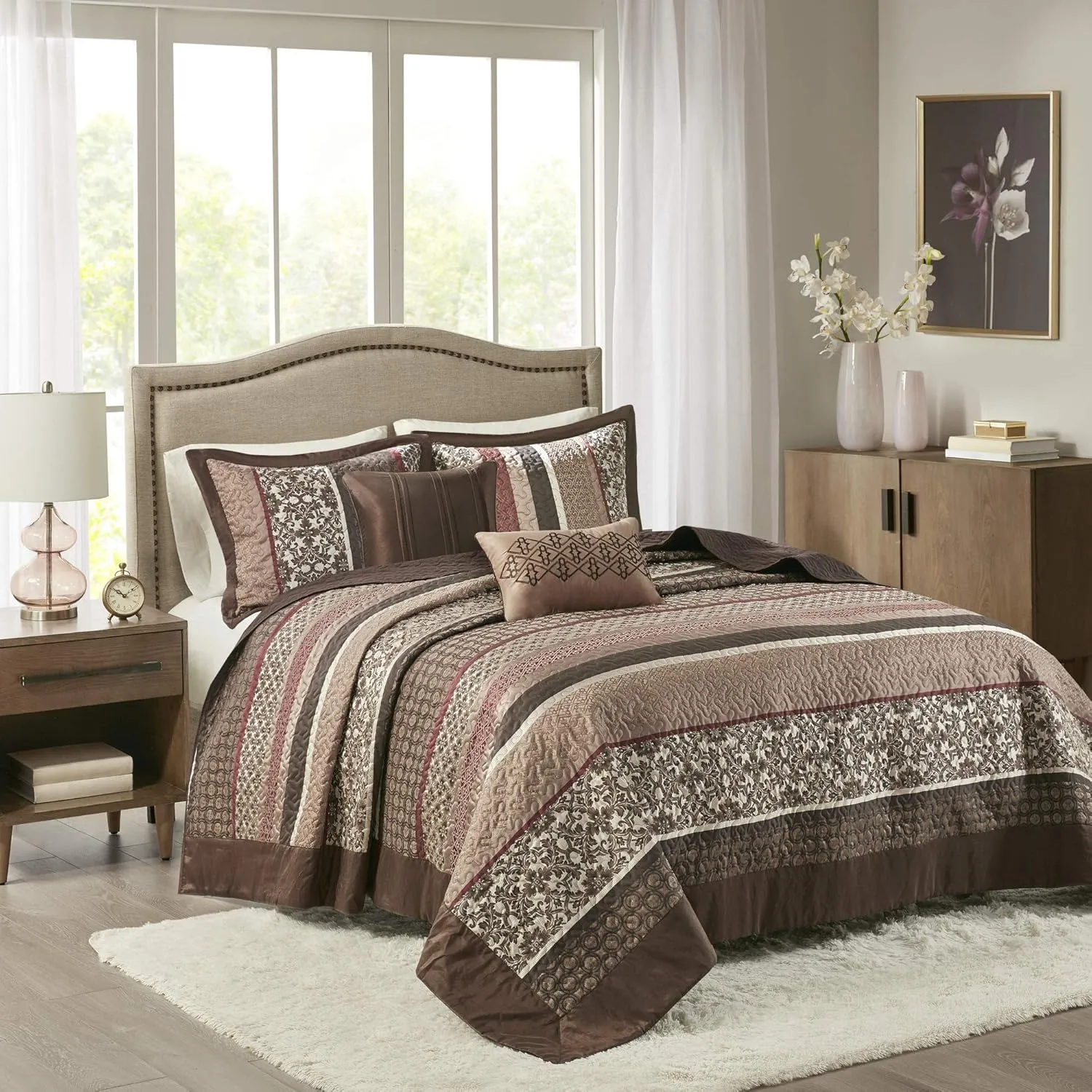 Madison Park Princeton Reversible Quilted Bedspread Set, Solid Reverse Summer Breathable, Lightweight All Season Bedding Layer, Matching Shams, Bedspread King(120"x118"), Red 5 Piece