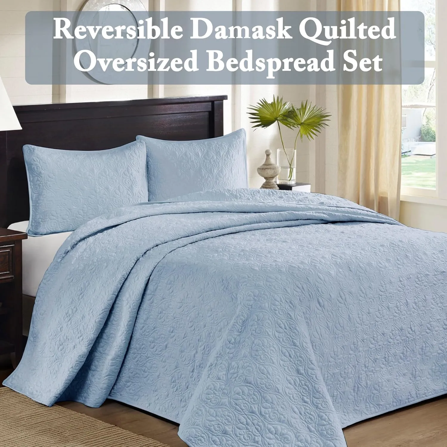 Madison Park Quebec Reversible Quilt Set Damask Design, Double Sided Stitching All Season, Lightweight Bedspread Bedding Set, Matching Sham, Blue, Queen(102"x118") 3 Piece