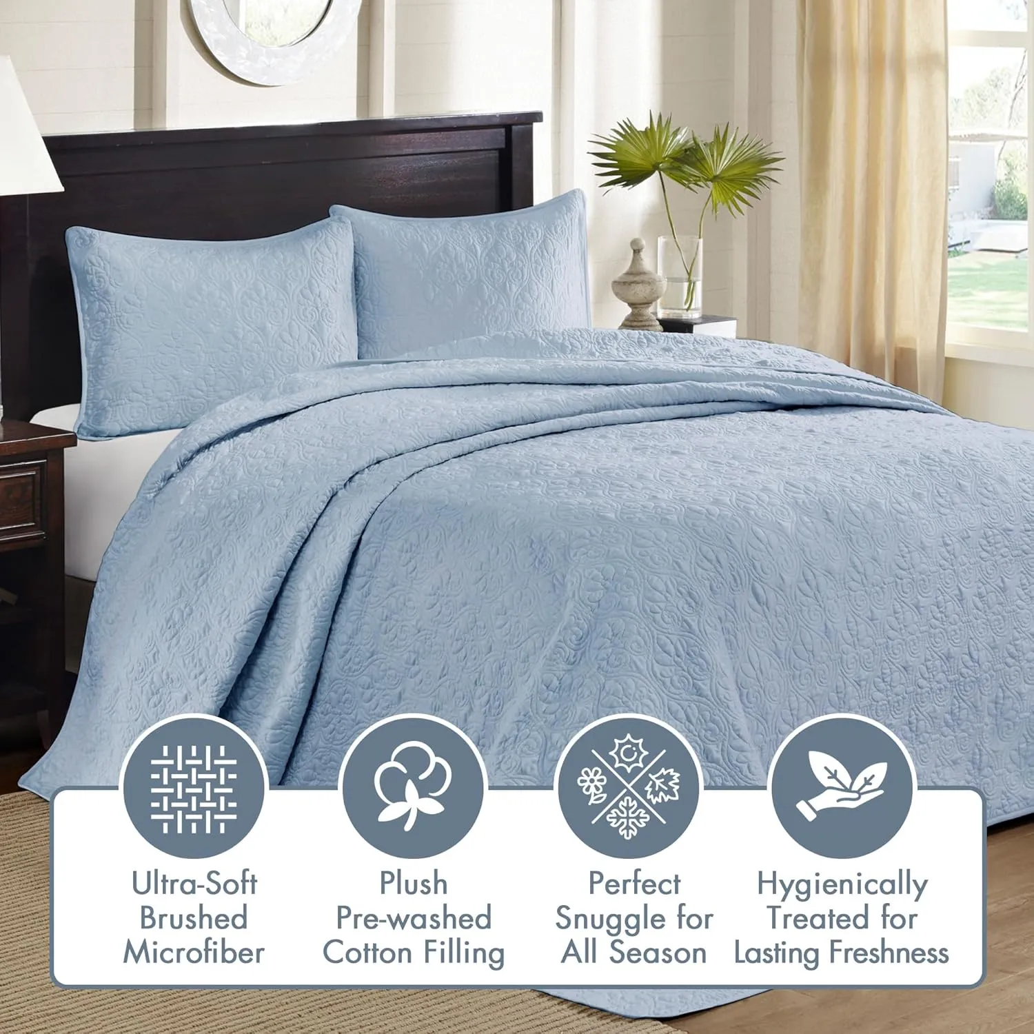 Madison Park Quebec Reversible Quilt Set Damask Design, Double Sided Stitching All Season, Lightweight Bedspread Bedding Set, Matching Sham, Blue, Queen(102"x118") 3 Piece