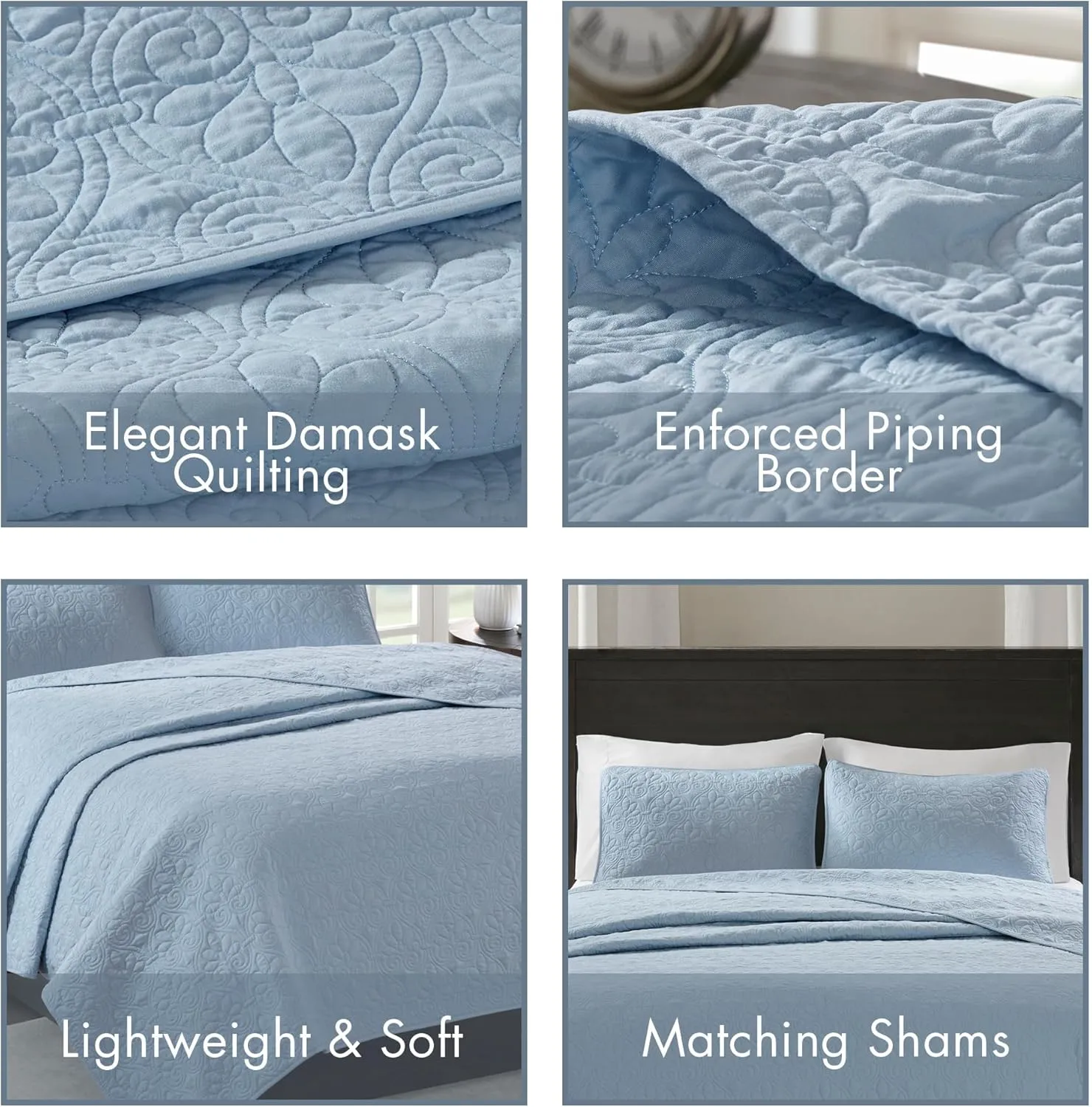 Madison Park Quebec Reversible Quilt Set Damask Design, Double Sided Stitching All Season, Lightweight Bedspread Bedding Set, Matching Sham, Blue, Queen(102"x118") 3 Piece