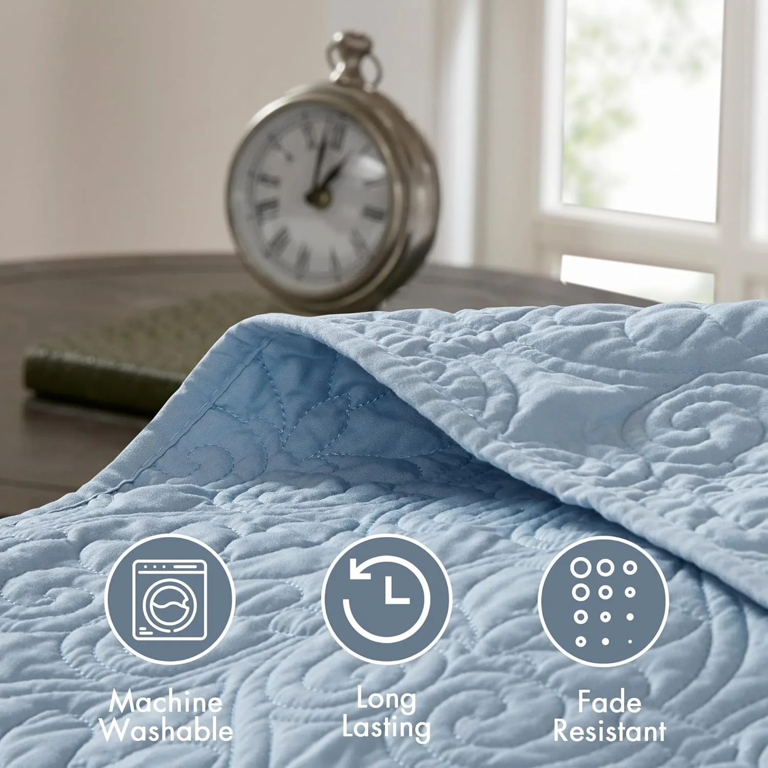 Madison Park Quebec Reversible Quilt Set Damask Design, Double Sided Stitching All Season, Lightweight Bedspread Bedding Set, Matching Sham, Blue, Queen(102"x118") 3 Piece