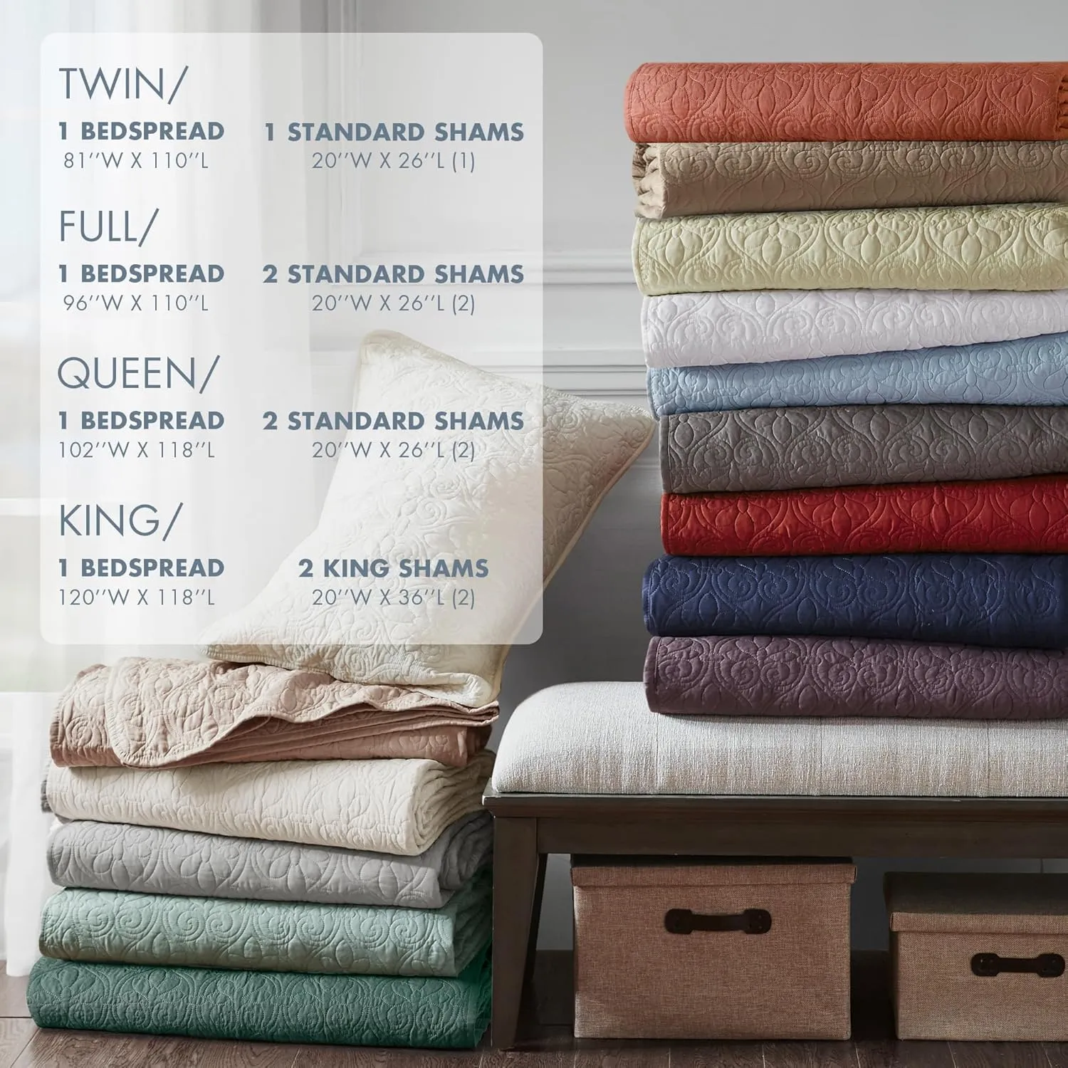 Madison Park Quebec Reversible Quilt Set Damask Design, Double Sided Stitching All Season, Lightweight Bedspread Bedding Set, Matching Sham, Blue, Queen(102"x118") 3 Piece