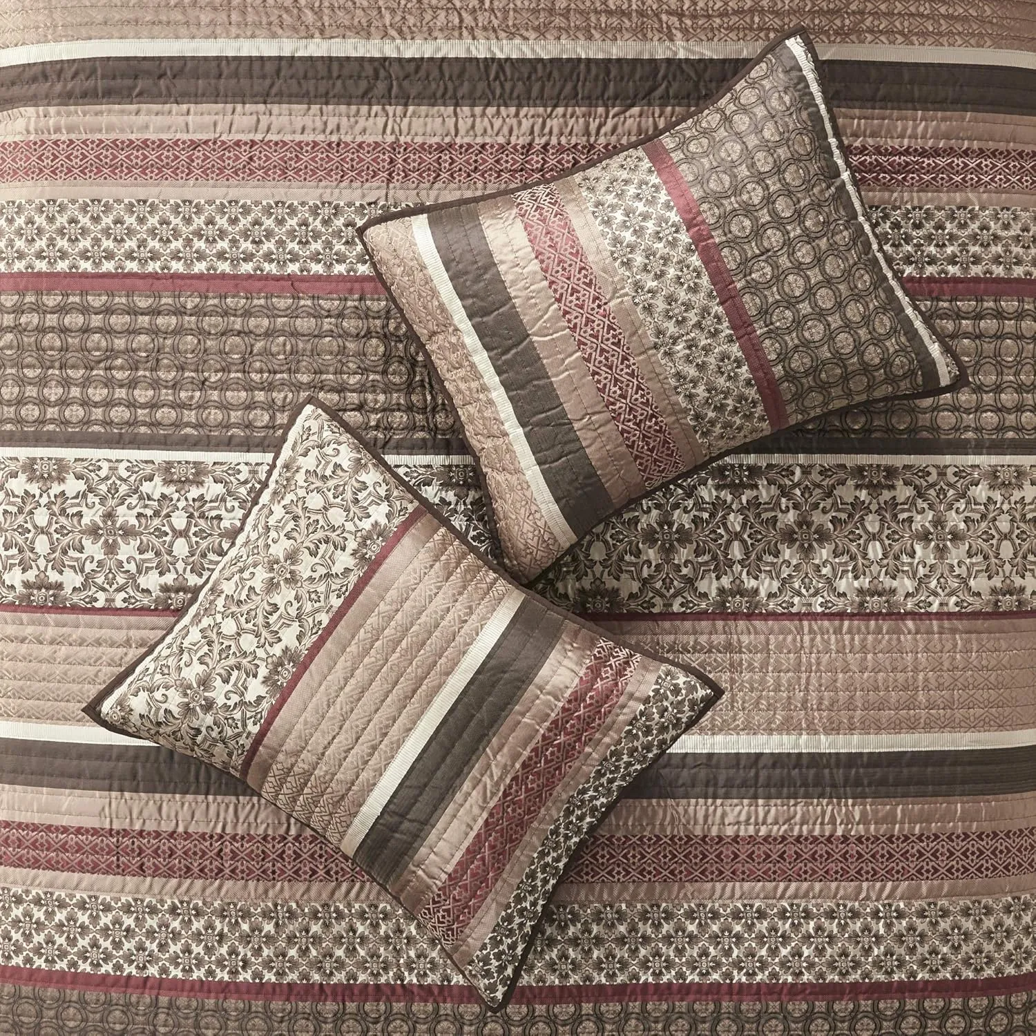 Madison Park Quilt Set Luxurious Jacquard Stripes Design - All Season, Coverlet Bedspread Lightweight Bedding Layer, Shams, Decorative Pillow, King/Cal King(104"x94"), Floral Red 5 Piece