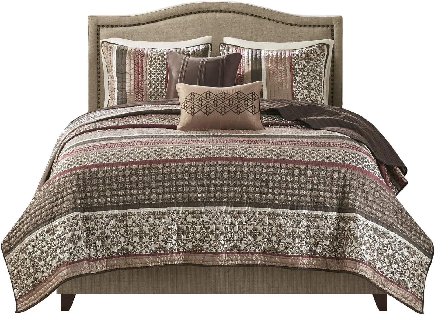 Madison Park Quilt Set Luxurious Jacquard Stripes Design - All Season, Coverlet Bedspread Lightweight Bedding Layer, Shams, Decorative Pillow, King/Cal King(104"x94"), Floral Red 5 Piece