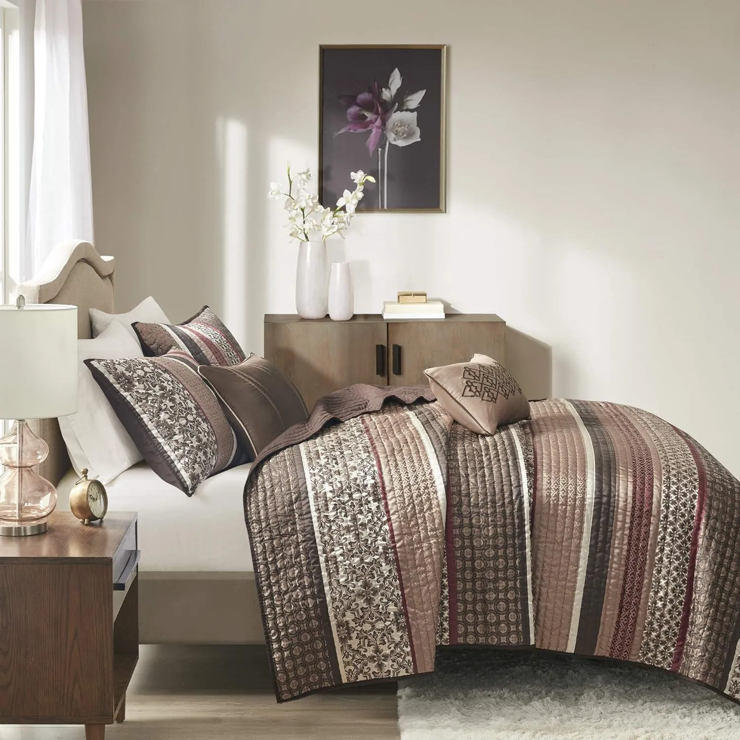 Madison Park Quilt Set Luxurious Jacquard Stripes Design - All Season, Coverlet Bedspread Lightweight Bedding Layer, Shams, Decorative Pillow, King/Cal King(104"x94"), Floral Red 5 Piece