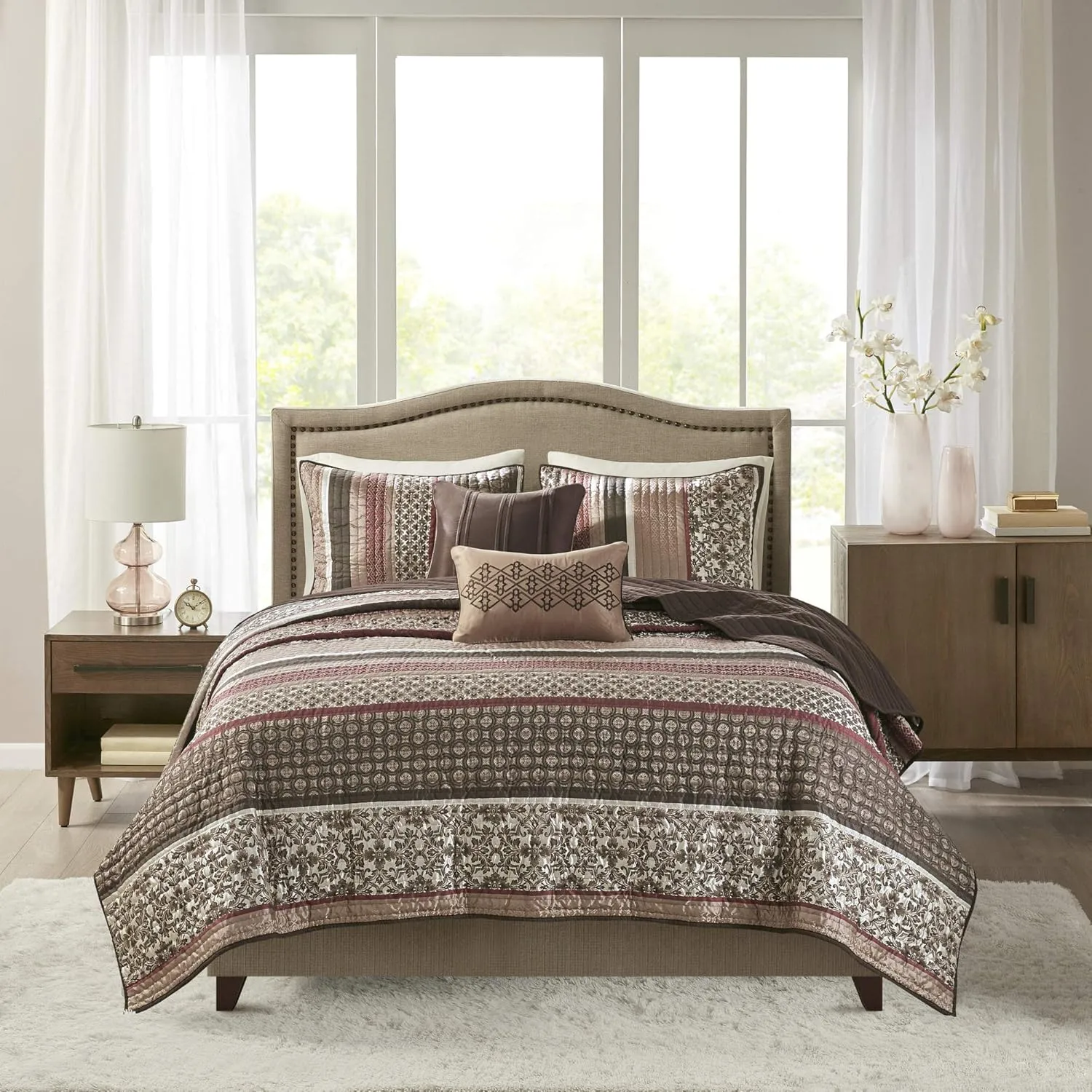 Madison Park Quilt Set Luxurious Jacquard Stripes Design - All Season, Coverlet Bedspread Lightweight Bedding Layer, Shams, Decorative Pillow, King/Cal King(104"x94"), Floral Red 5 Piece