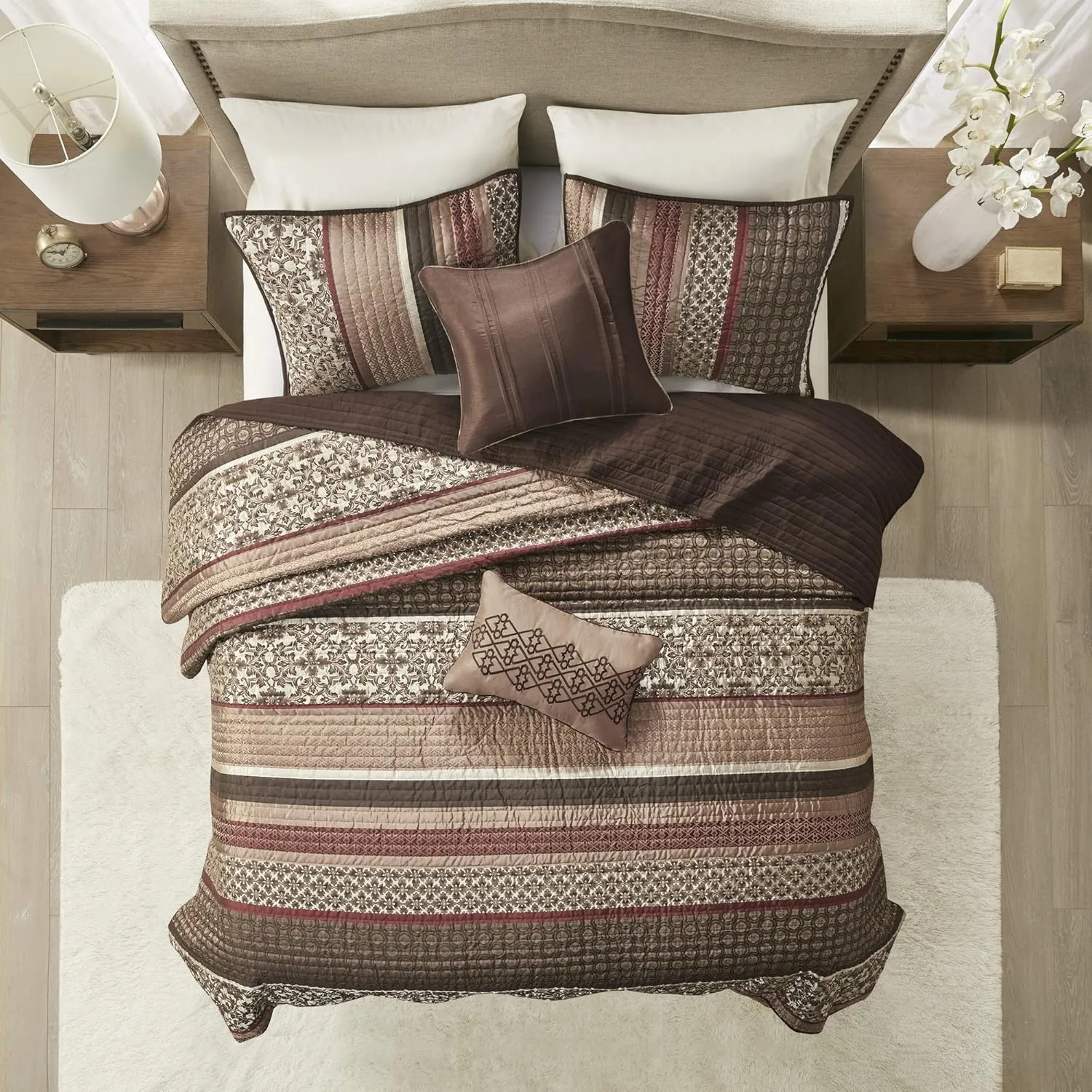 Madison Park Quilt Set Luxurious Jacquard Stripes Design - All Season, Coverlet Bedspread Lightweight Bedding Layer, Shams, Decorative Pillow, King/Cal King(104"x94"), Floral Red 5 Piece