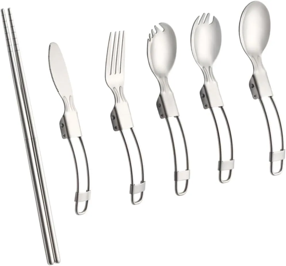 MAGICLULU 2sets Folding Cutlery Stainless Steel Outdoor Tableware Lightweight Camping Utensils for Picnic Compact Spoon Fork Convenient Carry Backpack Purse