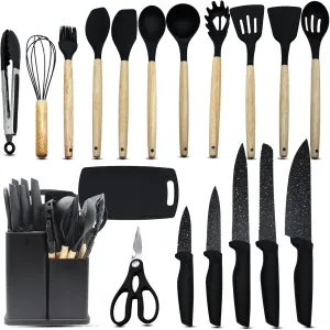 Magicorange 19pcs Kitchen Knife Set - Kitchen Utensils Set for Cooking, Sharp Black Cooking Knives Chef Knife Set for Cutting Meat & Vegetable (Black)