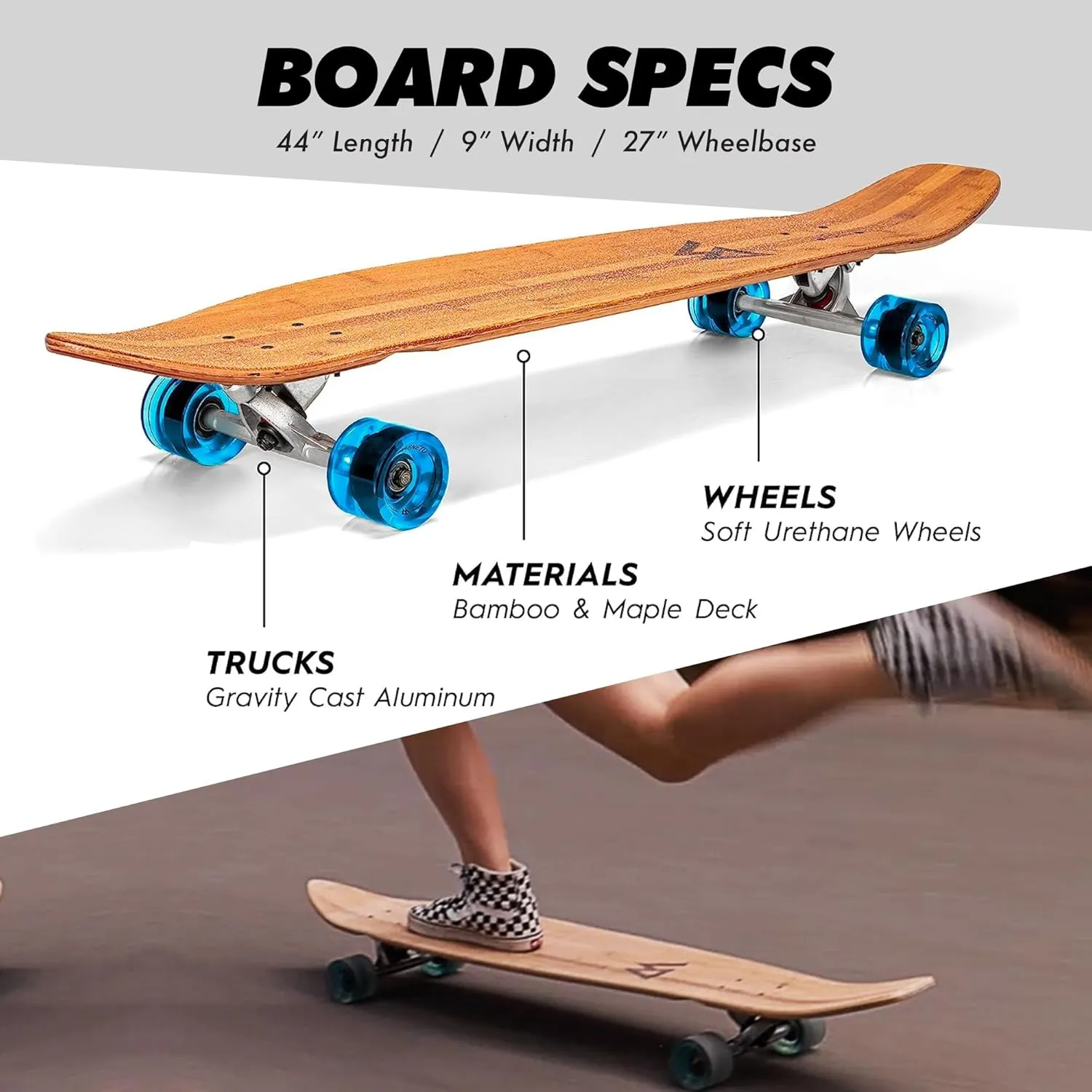 Magneto 44 inch Kicktail Cruiser Longboard Skateboard | Bamboo and Hard Maple Deck | Made for Adults, Teens, and Kids