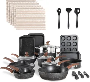 MAISON ARTS Pots and Pans Set Non Stick, 30 Piece Kitchen Cookware & Bakeware Sets with Granite Coating, Pots and Pans Sets for Cooking Nonstick, Black