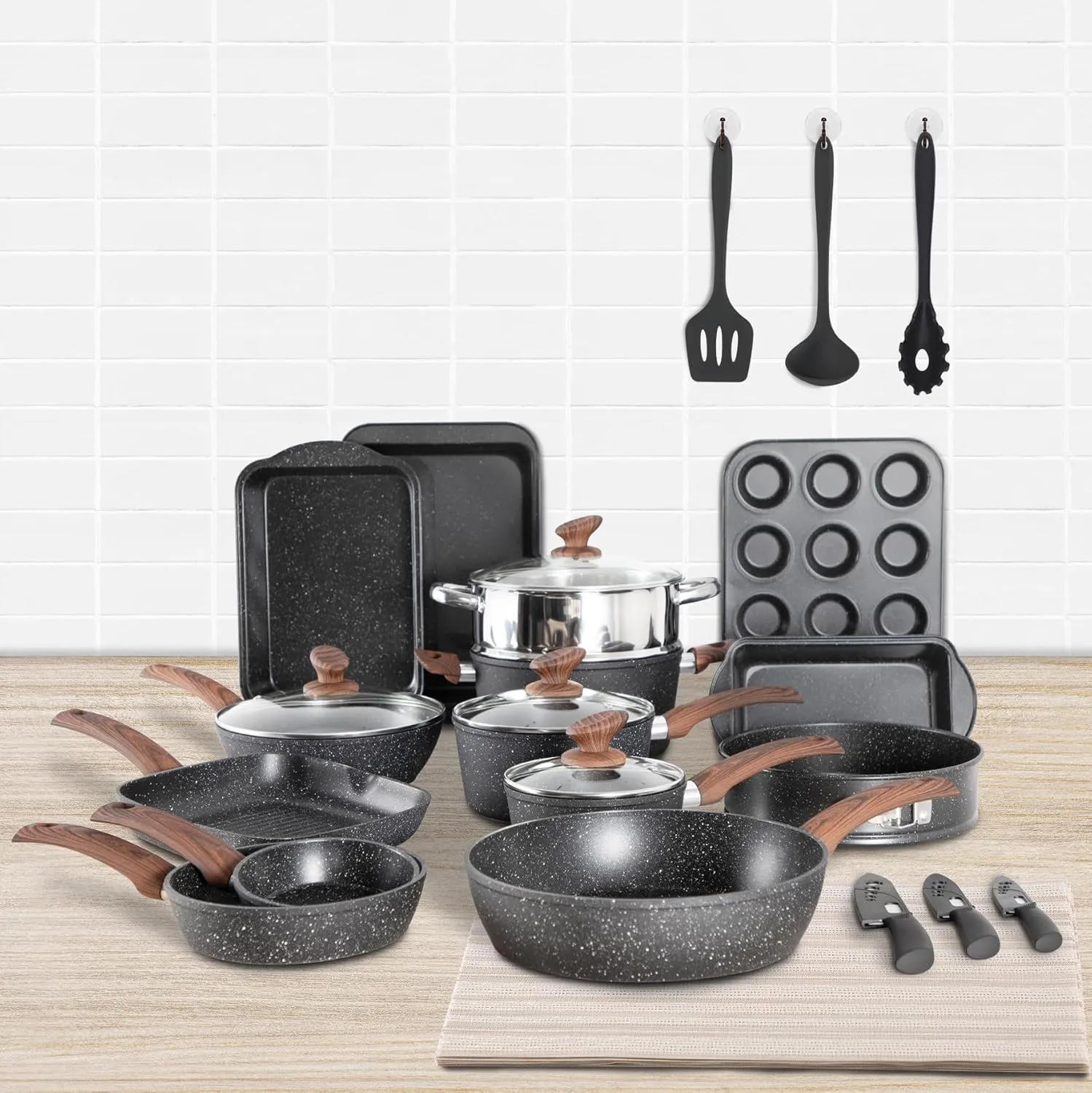 MAISON ARTS Pots and Pans Set Non Stick, 30 Piece Kitchen Cookware & Bakeware Sets with Granite Coating, Pots and Pans Sets for Cooking Nonstick, Black