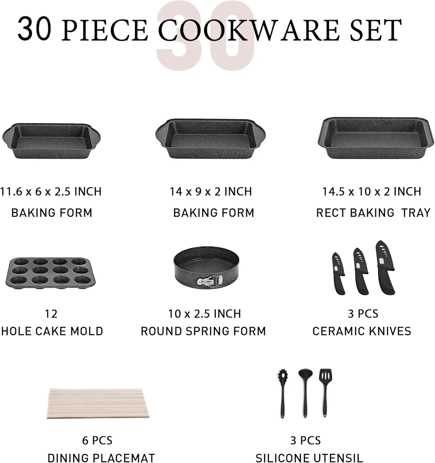 MAISON ARTS Pots and Pans Set Non Stick, 30 Piece Kitchen Cookware & Bakeware Sets with Granite Coating, Pots and Pans Sets for Cooking Nonstick, Black