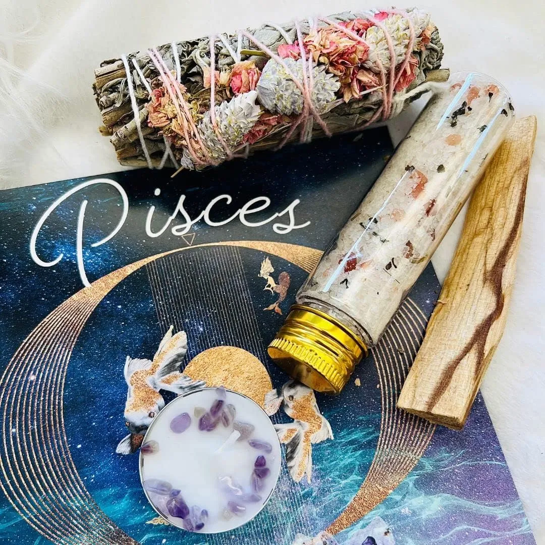 MAMA WUNDERBAR Pisces Gift Set Healing Crystal Gift Set, 3 Crystals, Smudge Stick, Crystal Candle, Handmade Bath Salt, Palo Santo Stick, Zodiac Card with Affirmations (Pisces)