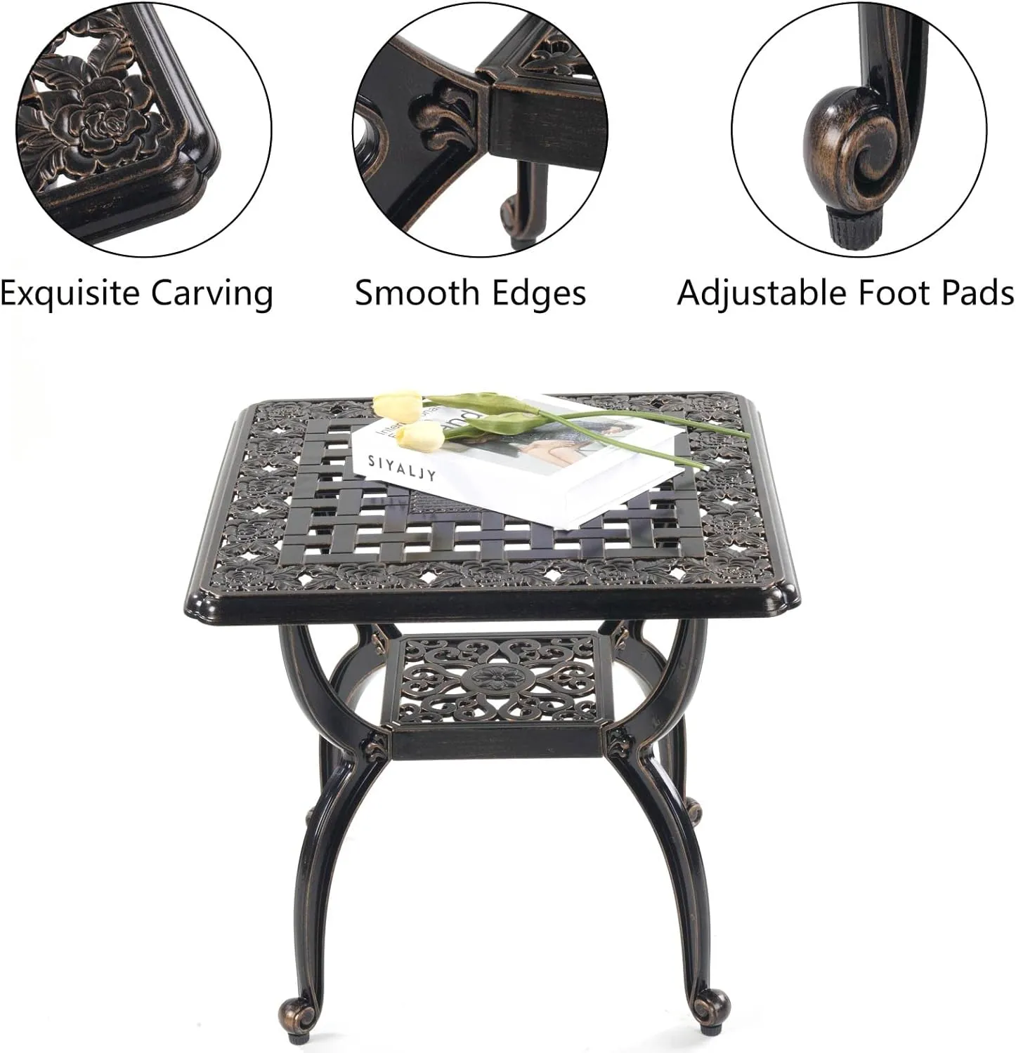 Mandolin Outdoor Patio,Rust -Resistant Cast Aluminum Side Table,Weather Resistant End Table，Coffee Table， Perfect for Patio, Backyard Or Garden. W 20.8" X H18.5(Aluminum Square, Copper)